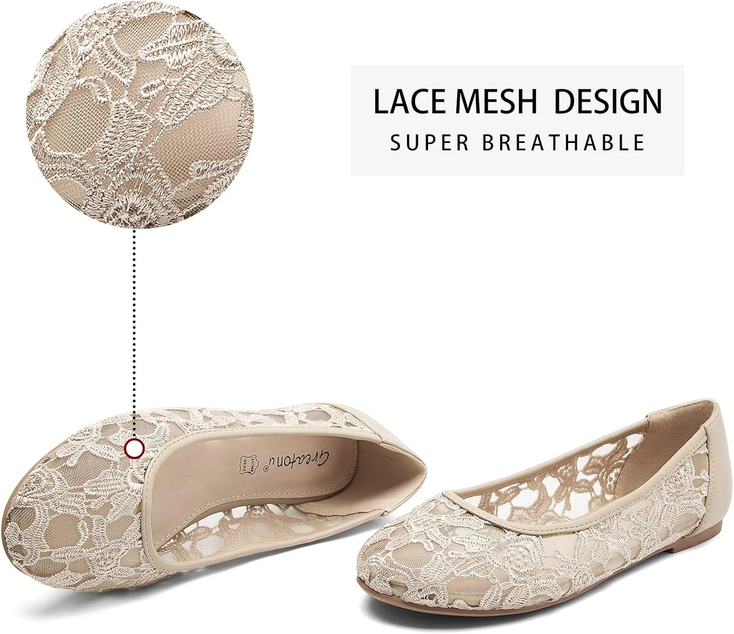 Greatonu Women's Flats Cut Out Round Toe Slip On Floral Ballet Flat Comfortable Lace Flats Dressy