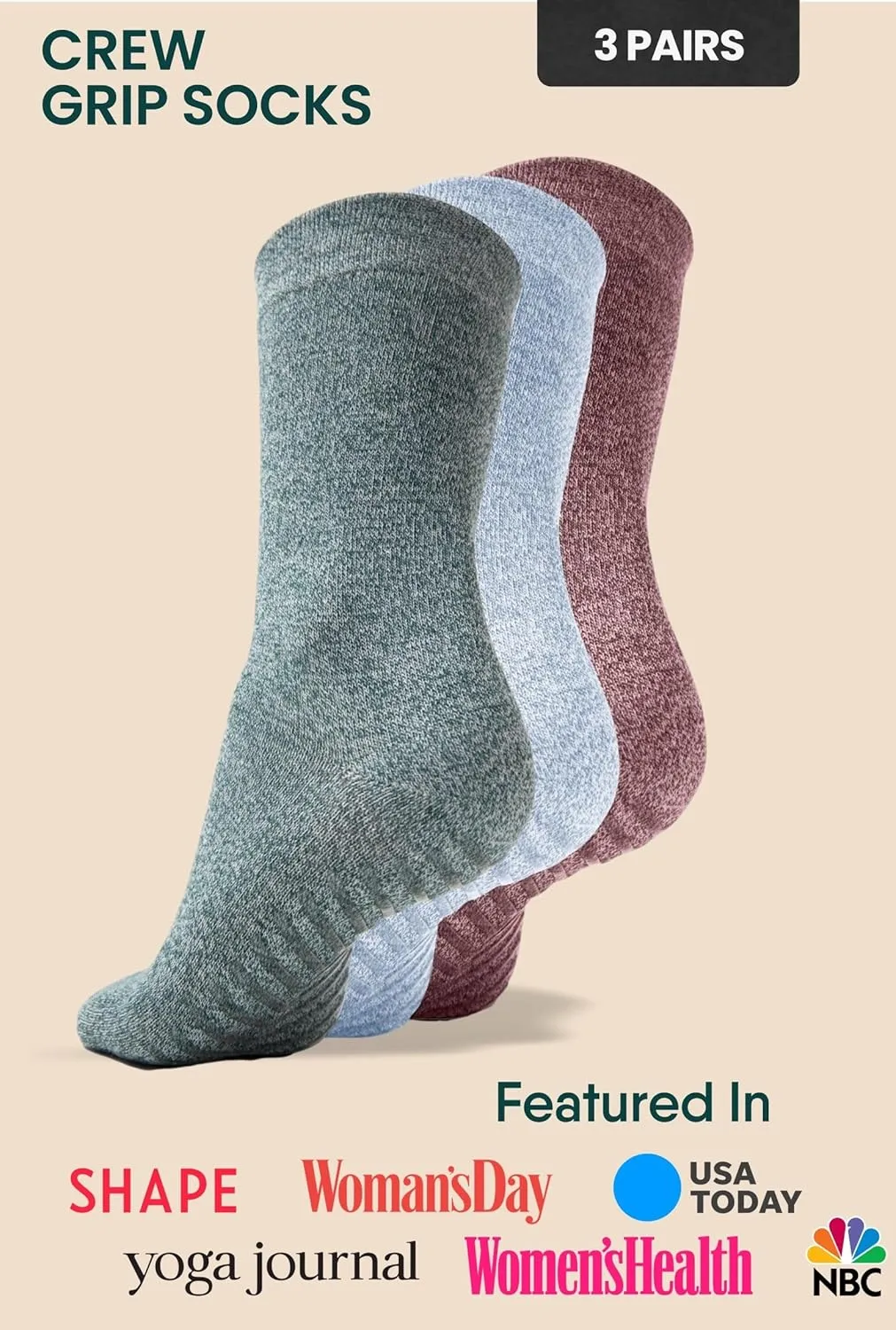 Gripjoy Non-Slip Socks for Women - Crew, 3 Pairs