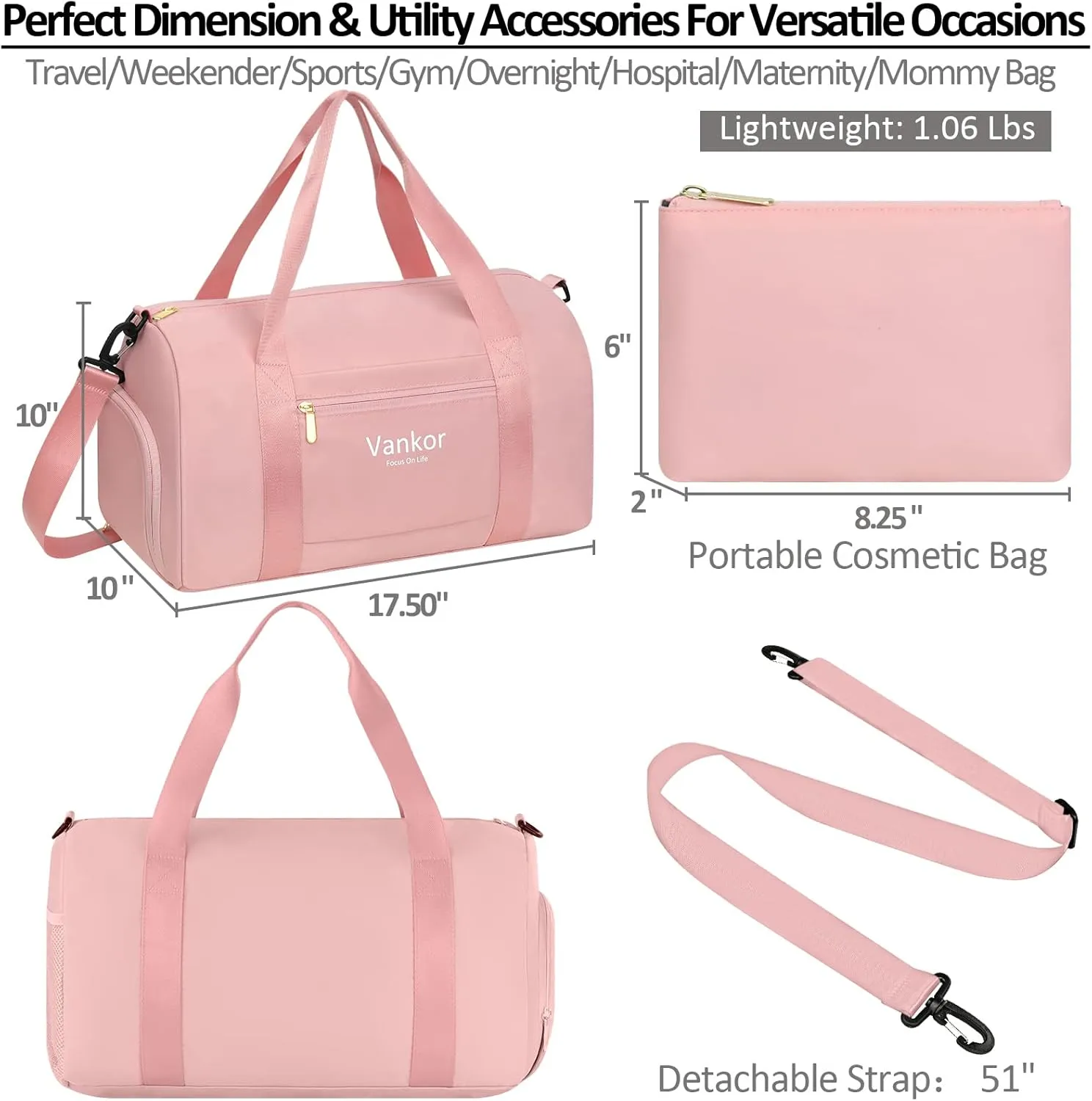 Gym Bag for Women with Shoe Compartment, Waterproof Sports Duffle Bag, Medium, Pink