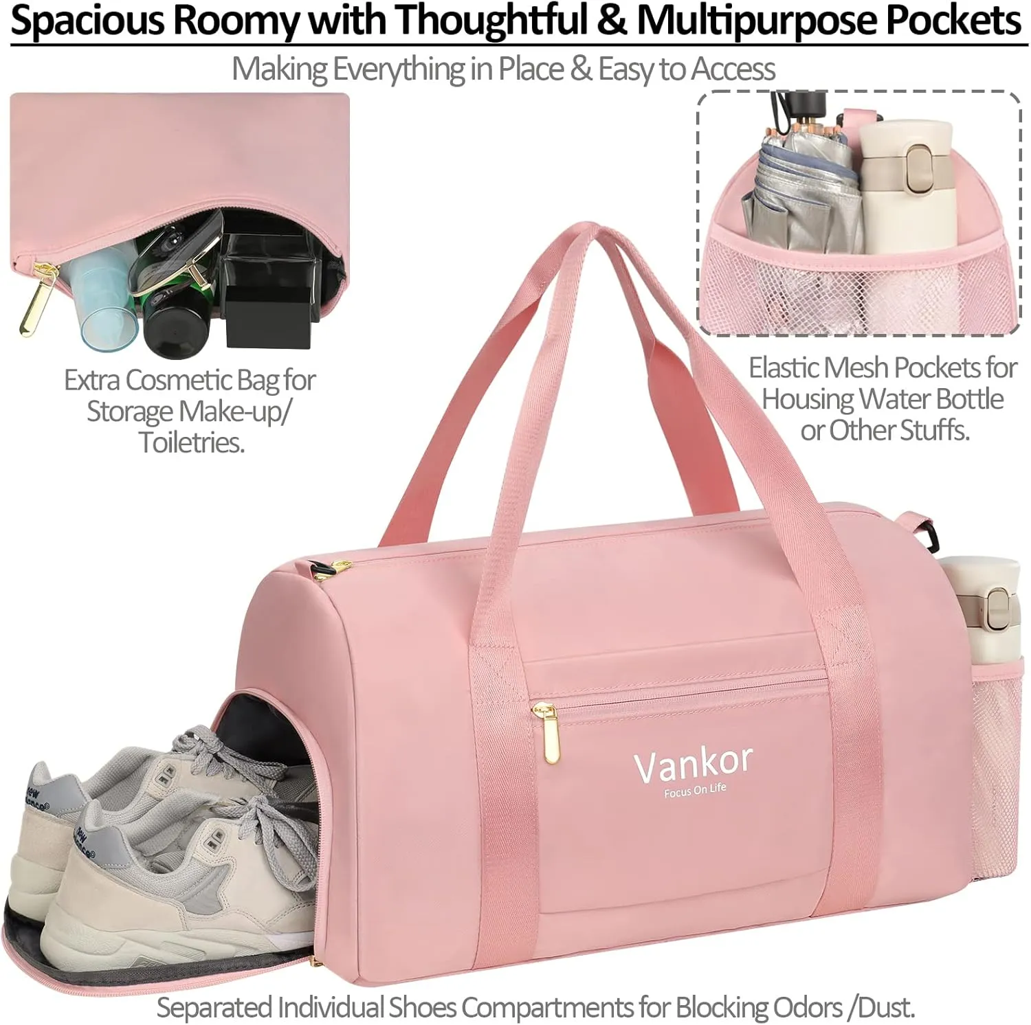 Gym Bag for Women with Shoe Compartment, Waterproof Sports Duffle Bag, Medium, Pink
