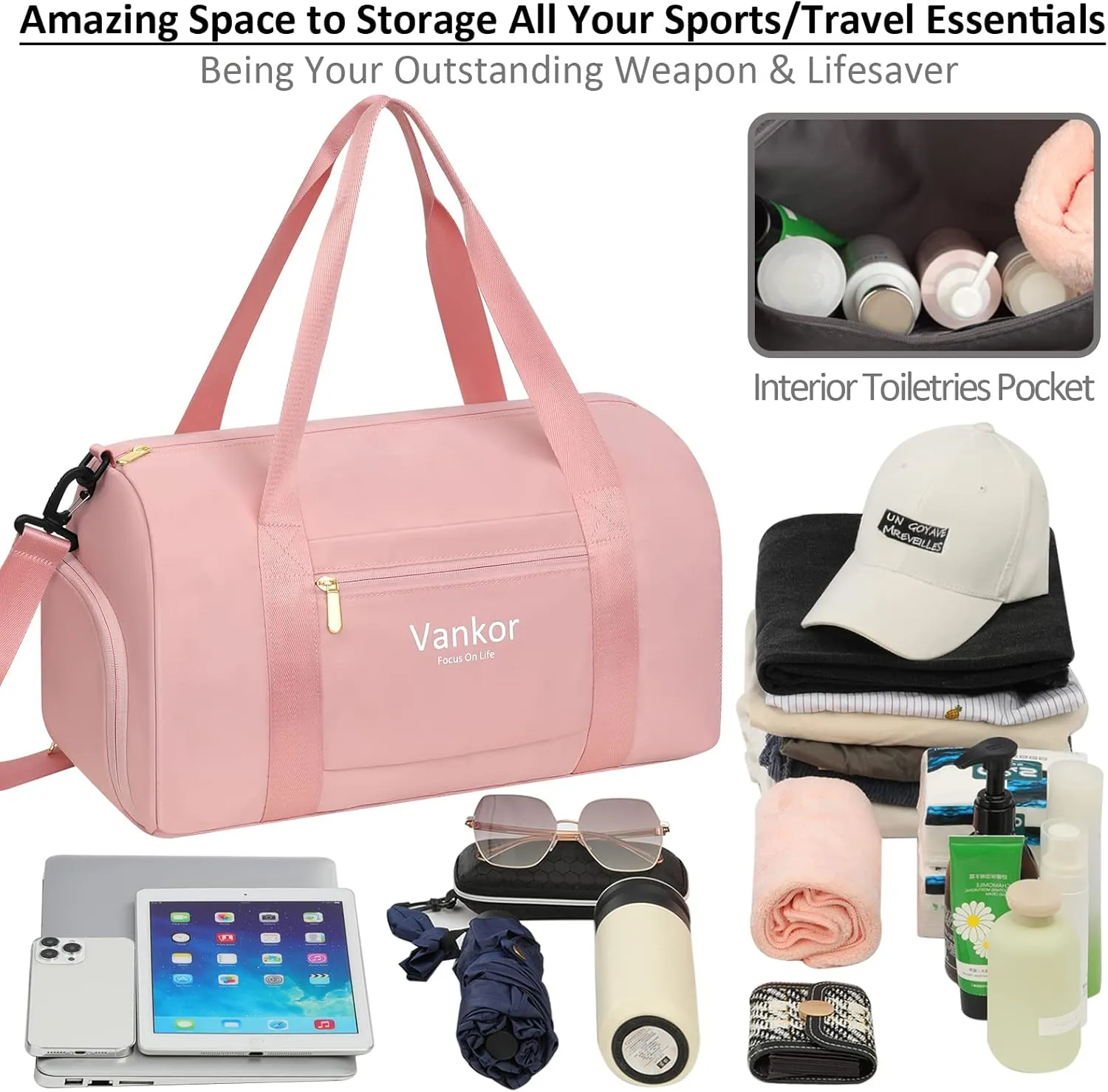 Gym Bag for Women with Shoe Compartment, Waterproof Sports Duffle Bag, Medium, Pink