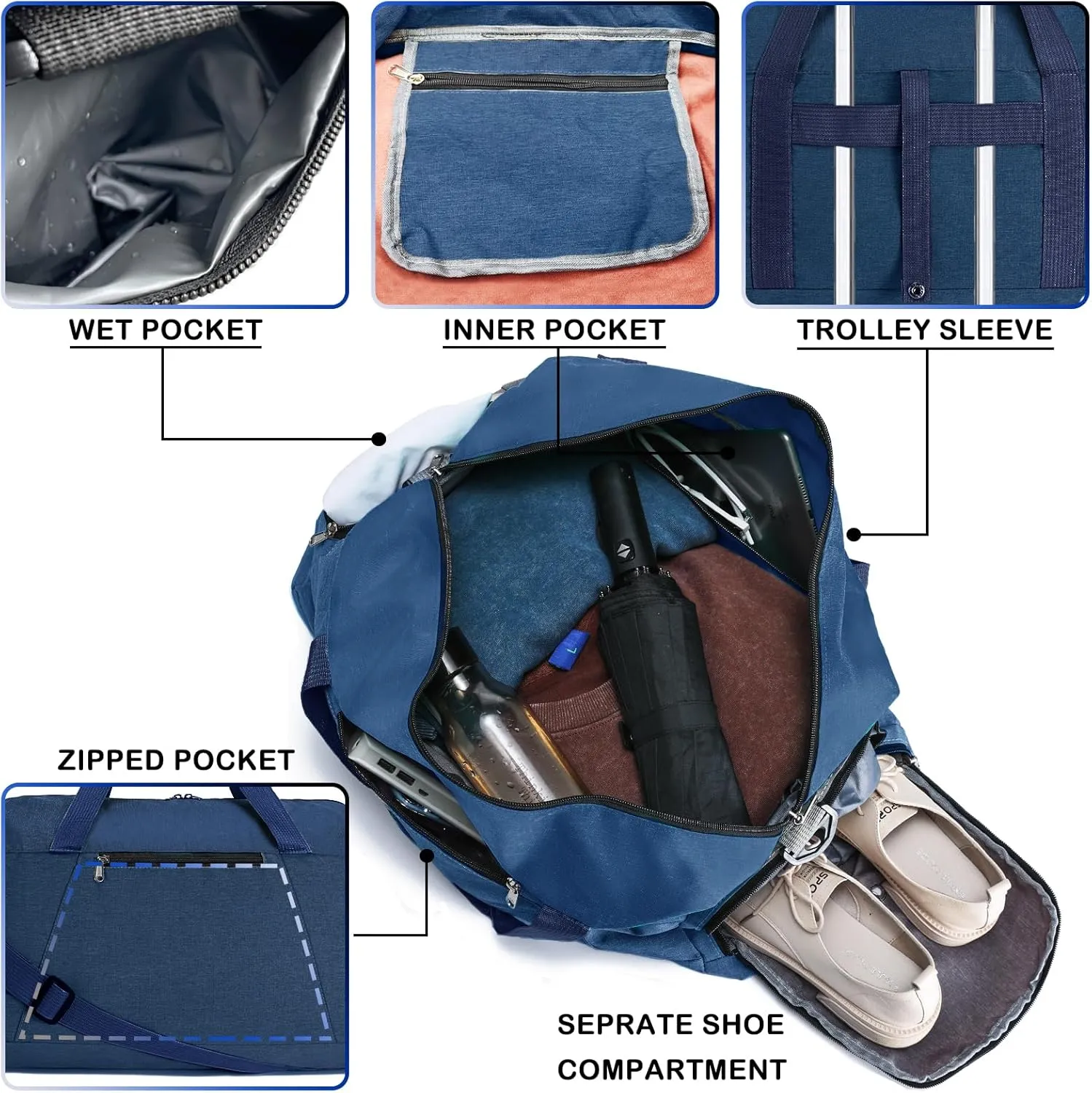 Gym Bags for Women Men with Wet & Shoe Compartment, 40L Foldable Travel Duffle Bag, Lightweight Weekender Overnight Duffel Bag for Traveling Sports Gym (Navyblue)