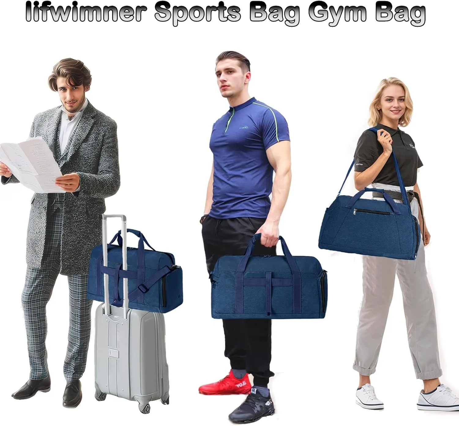 Gym Bags for Women Men with Wet & Shoe Compartment, 40L Foldable Travel Duffle Bag, Lightweight Weekender Overnight Duffel Bag for Traveling Sports Gym (Navyblue)