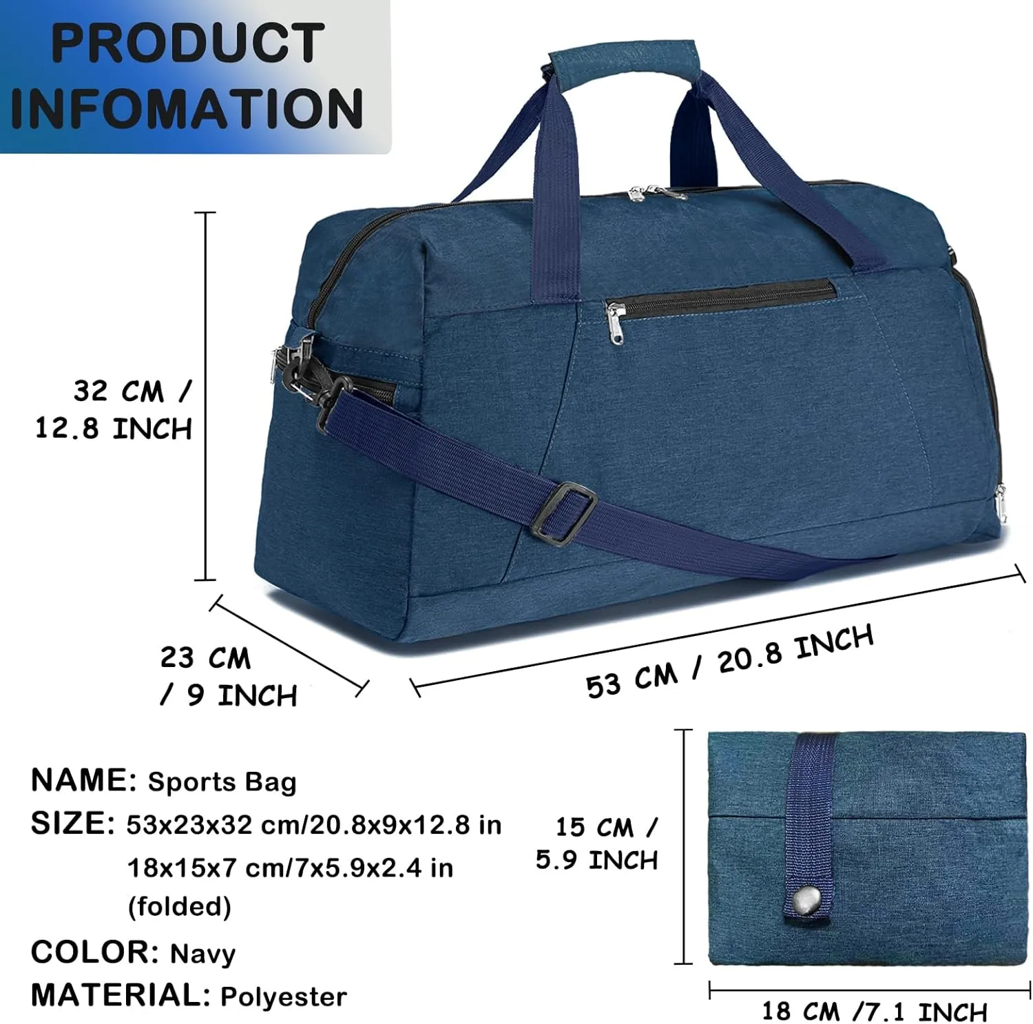 Gym Bags for Women Men with Wet & Shoe Compartment, 40L Foldable Travel Duffle Bag, Lightweight Weekender Overnight Duffel Bag for Traveling Sports Gym (Navyblue)