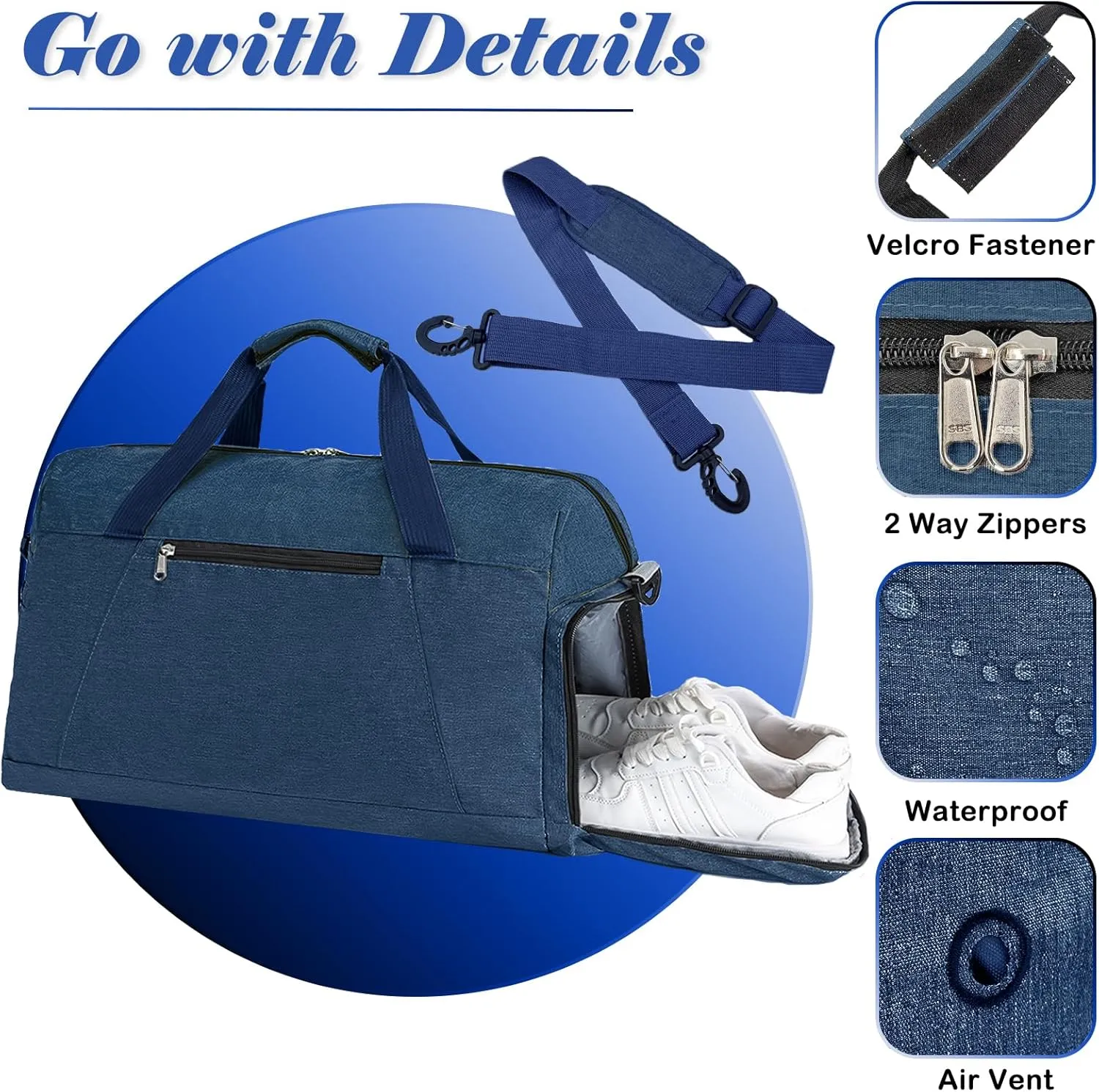 Gym Bags for Women Men with Wet & Shoe Compartment, 40L Foldable Travel Duffle Bag, Lightweight Weekender Overnight Duffel Bag for Traveling Sports Gym (Navyblue)