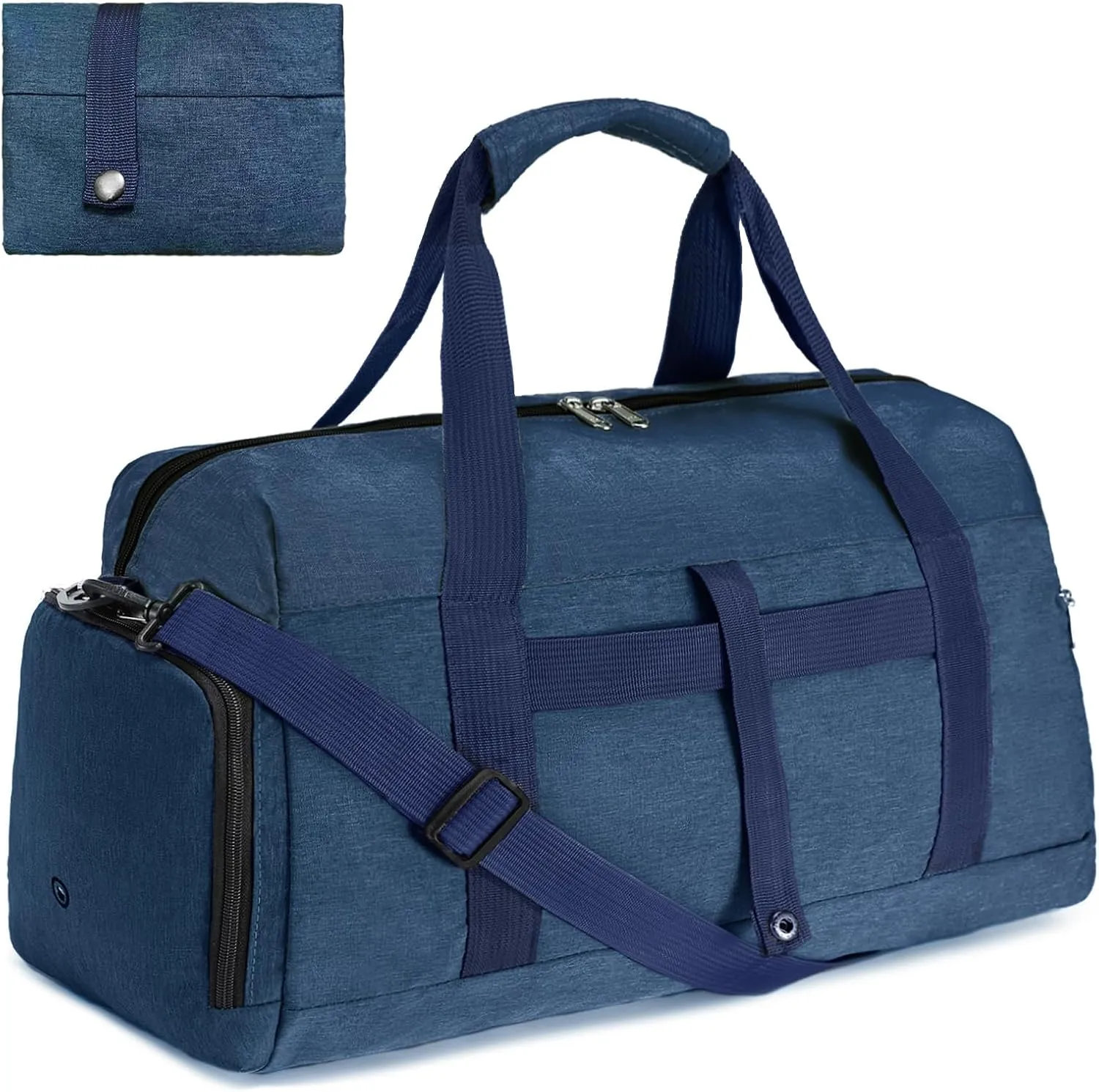 Gym Bags for Women Men with Wet & Shoe Compartment, 40L Foldable Travel Duffle Bag, Lightweight Weekender Overnight Duffel Bag for Traveling Sports Gym (Navyblue)