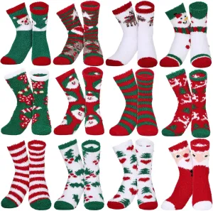 Haysandy 12 Pair Christmas Socks Fuzzy Funny Winter Warm Stretchy Novelty Colorful Holiday Crew Socks Bulk for Women Men