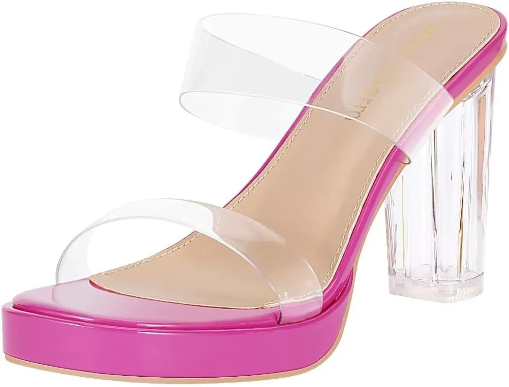 Heels Charm Women's Platform Heels Clear Chunky Block Heeled Sandals Open Toe Two Strap Slip On Block High Heel Sandal Dress Dancing Sandals Daily Work Party Shoes