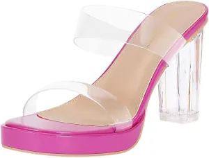 Heels Charm Women's Platform Heels Clear Chunky Block Heeled Sandals Open Toe Two Strap Slip On Block High Heel Sandal Dress Dancing Sandals Daily Work Party Shoes