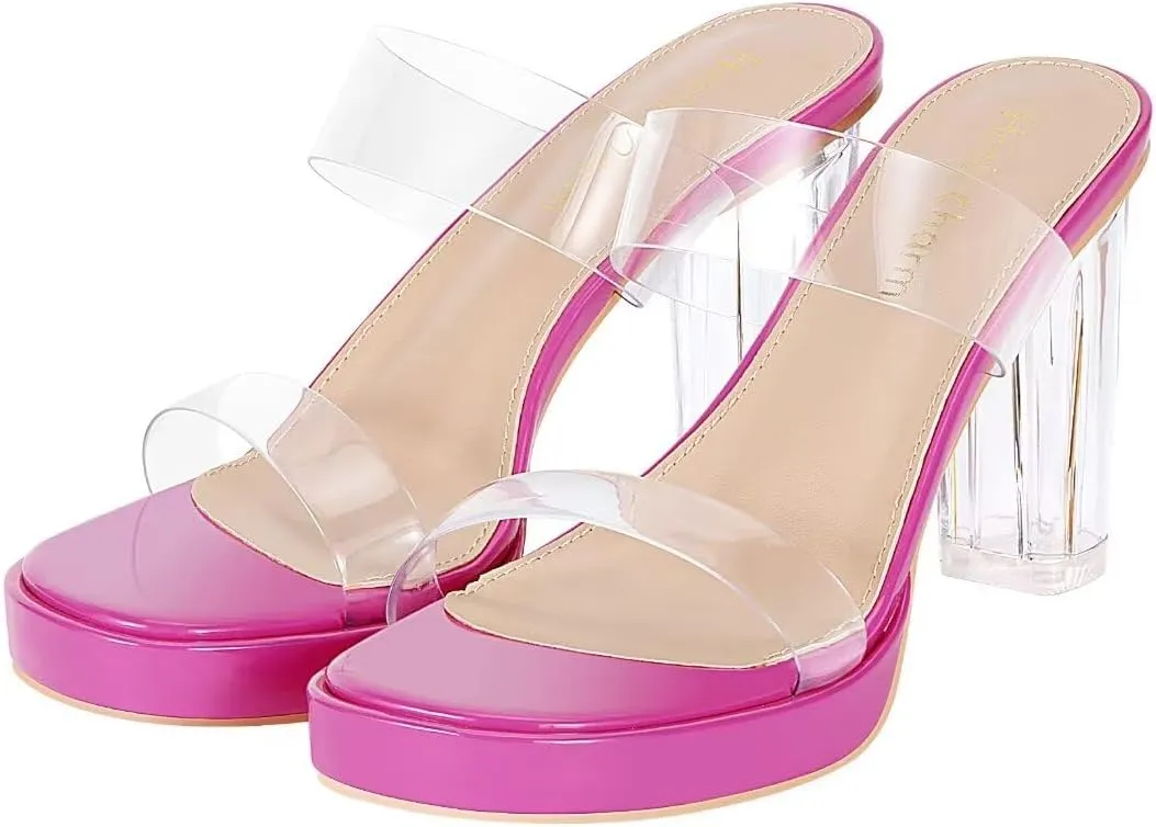 Heels Charm Women's Platform Heels Clear Chunky Block Heeled Sandals Open Toe Two Strap Slip On Block High Heel Sandal Dress Dancing Sandals Daily Work Party Shoes