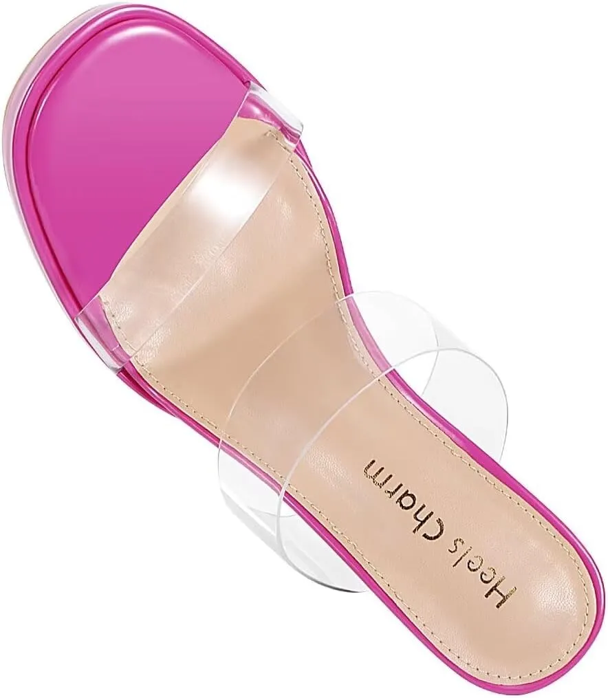 Heels Charm Women's Platform Heels Clear Chunky Block Heeled Sandals Open Toe Two Strap Slip On Block High Heel Sandal Dress Dancing Sandals Daily Work Party Shoes