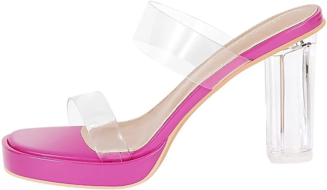 Heels Charm Women's Platform Heels Clear Chunky Block Heeled Sandals Open Toe Two Strap Slip On Block High Heel Sandal Dress Dancing Sandals Daily Work Party Shoes