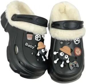 Hhhchpm Solid Color Thermal Lined Clogs, Slip On Soft Sole Platform Non-Slip Fuzzy Shoes, Winter Plush Closed Toe Shoes