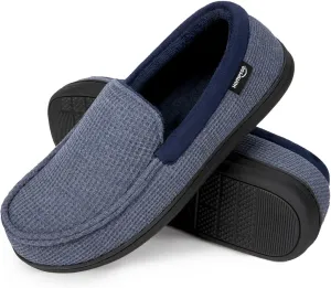 HomeTop Men's Comfort Memory Foam Moccasin Slippers, Breathable Cotton Knit Terry Cloth House Shoes for Indoor Outdoor