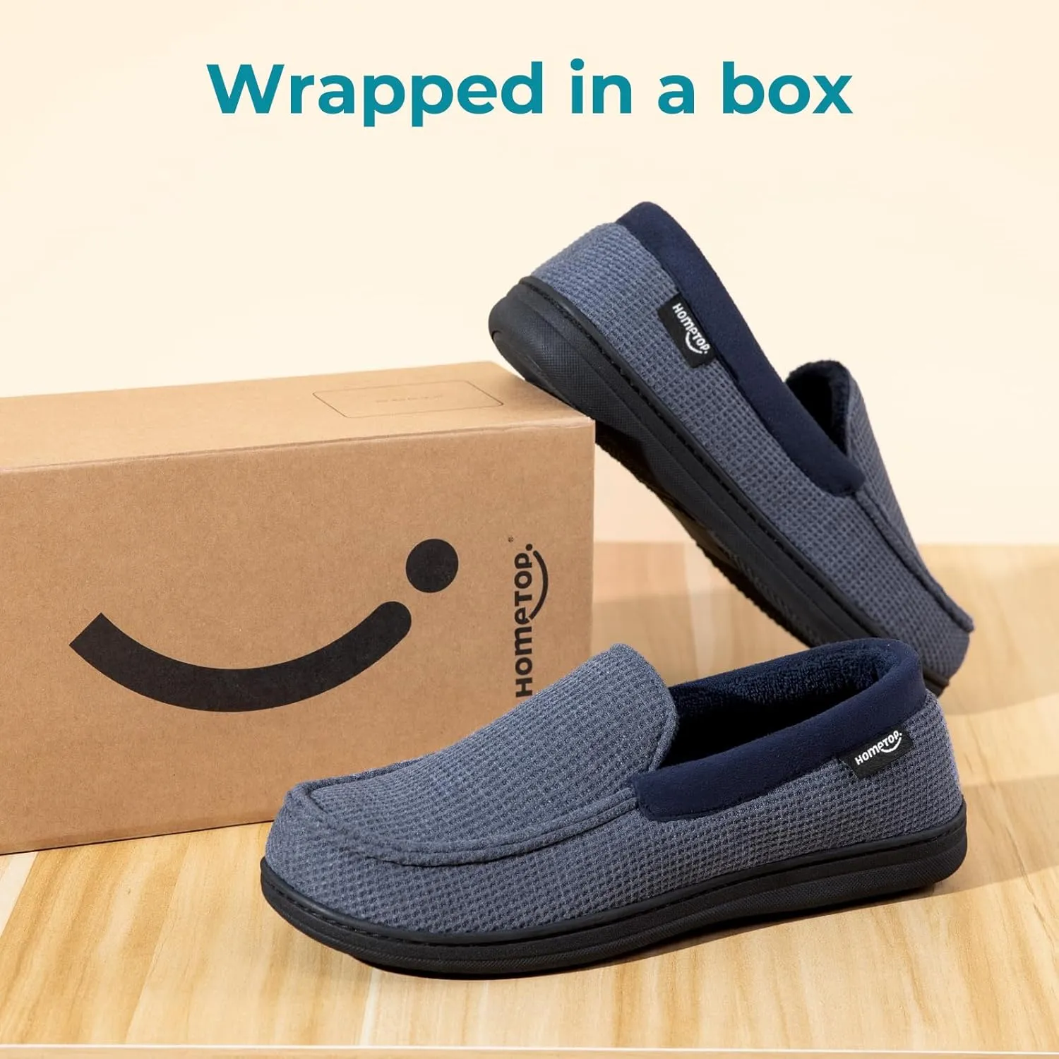 HomeTop Men's Comfort Memory Foam Moccasin Slippers, Breathable Cotton Knit Terry Cloth House Shoes for Indoor Outdoor