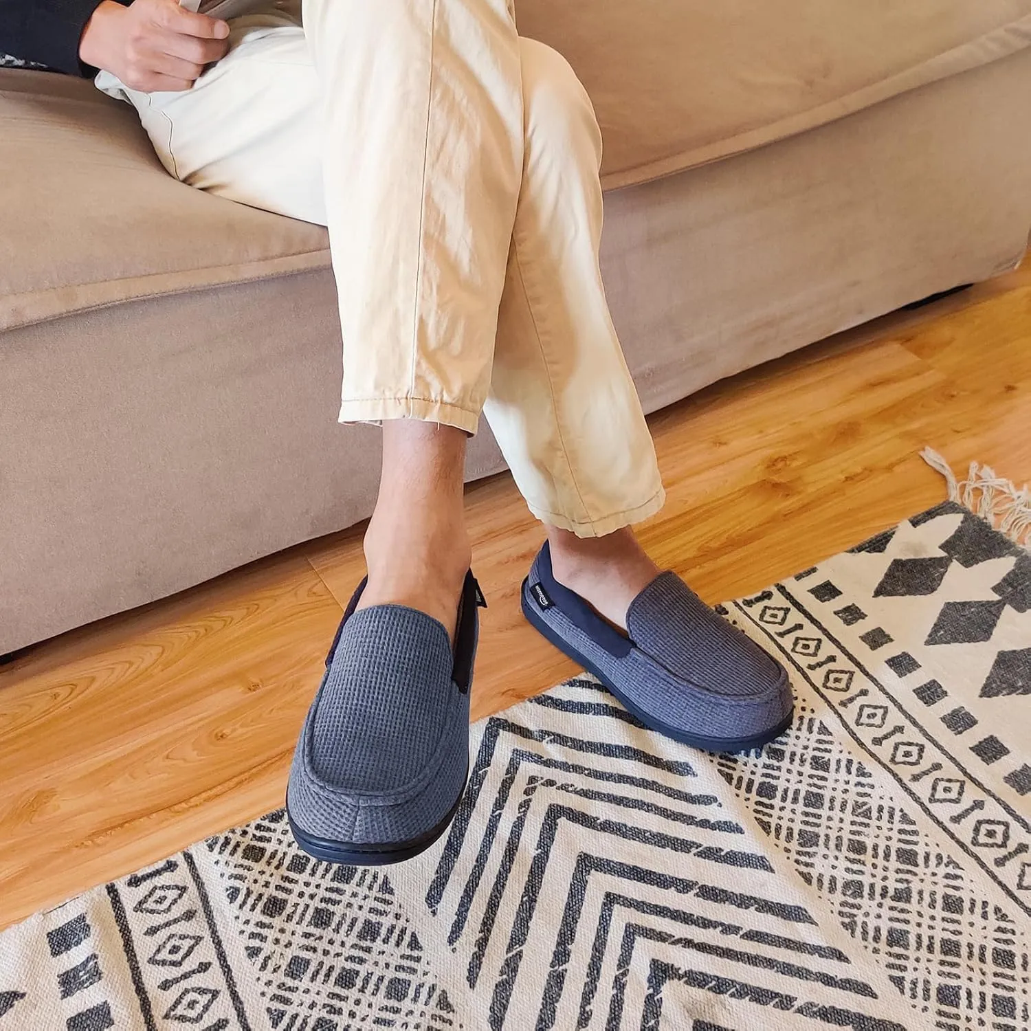 HomeTop Men's Comfort Memory Foam Moccasin Slippers, Breathable Cotton Knit Terry Cloth House Shoes for Indoor Outdoor