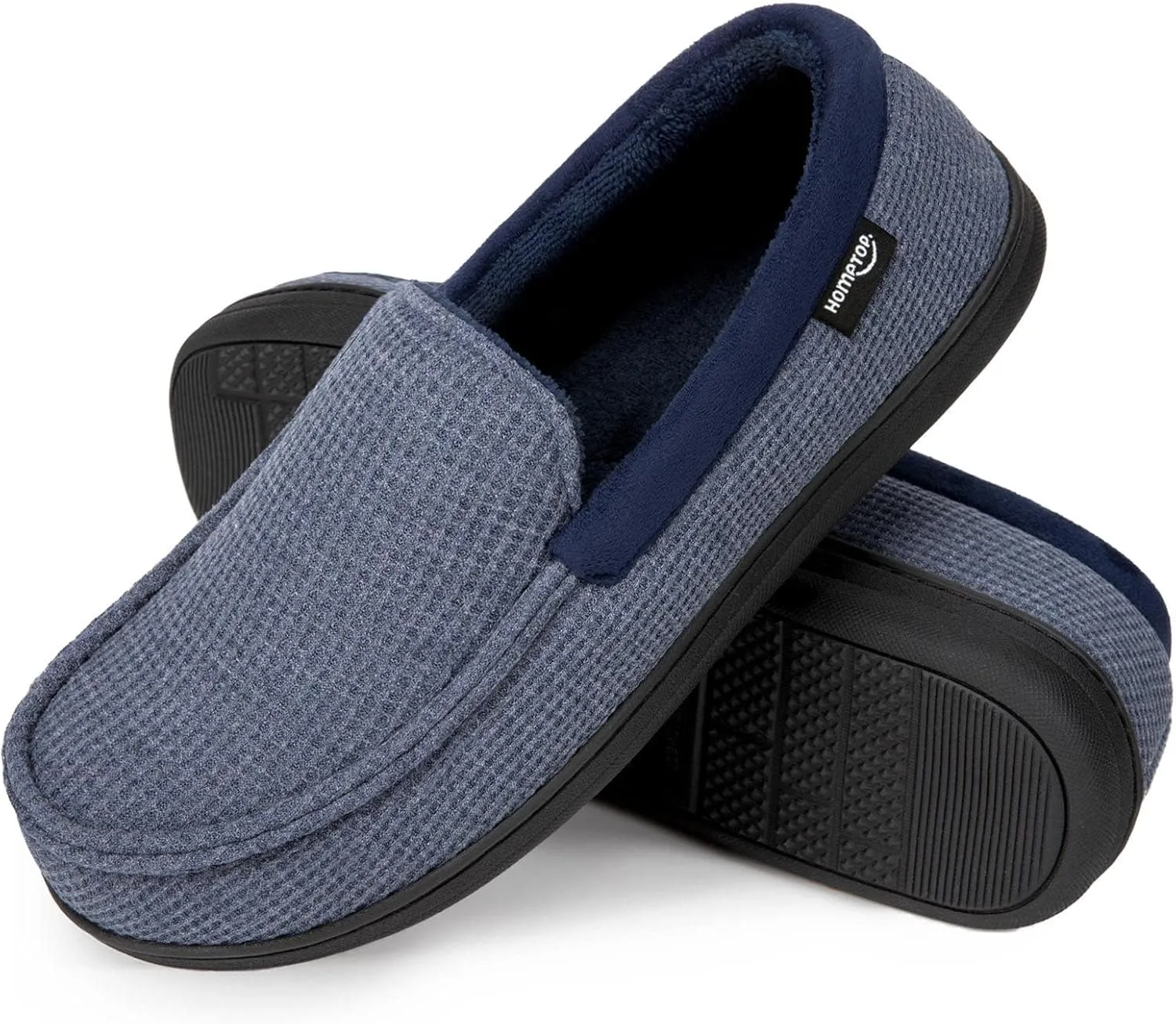 HomeTop Men's Comfort Memory Foam Moccasin Slippers, Breathable Cotton Knit Terry Cloth House Shoes for Indoor Outdoor