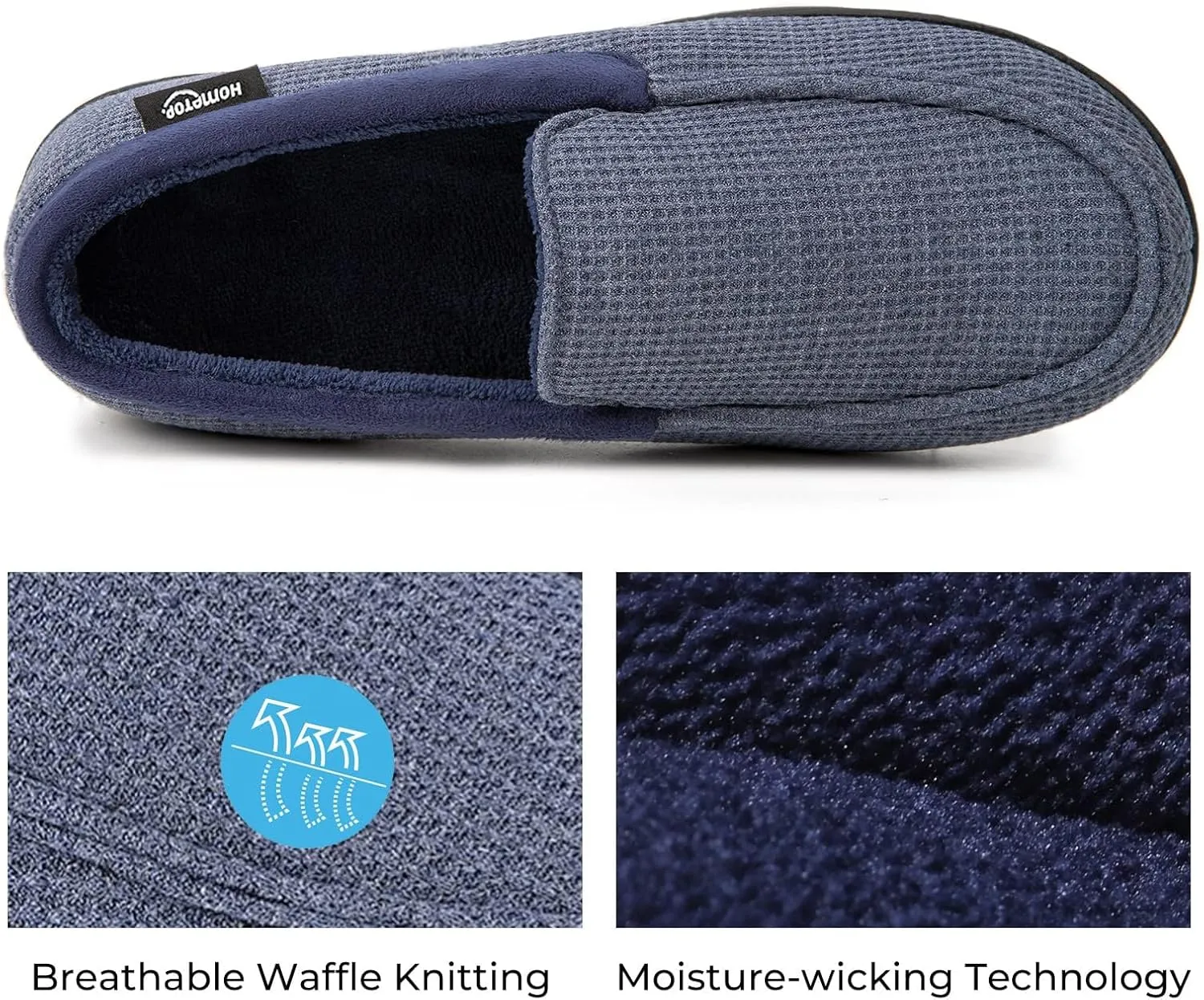 HomeTop Men's Comfort Memory Foam Moccasin Slippers, Breathable Cotton Knit Terry Cloth House Shoes for Indoor Outdoor
