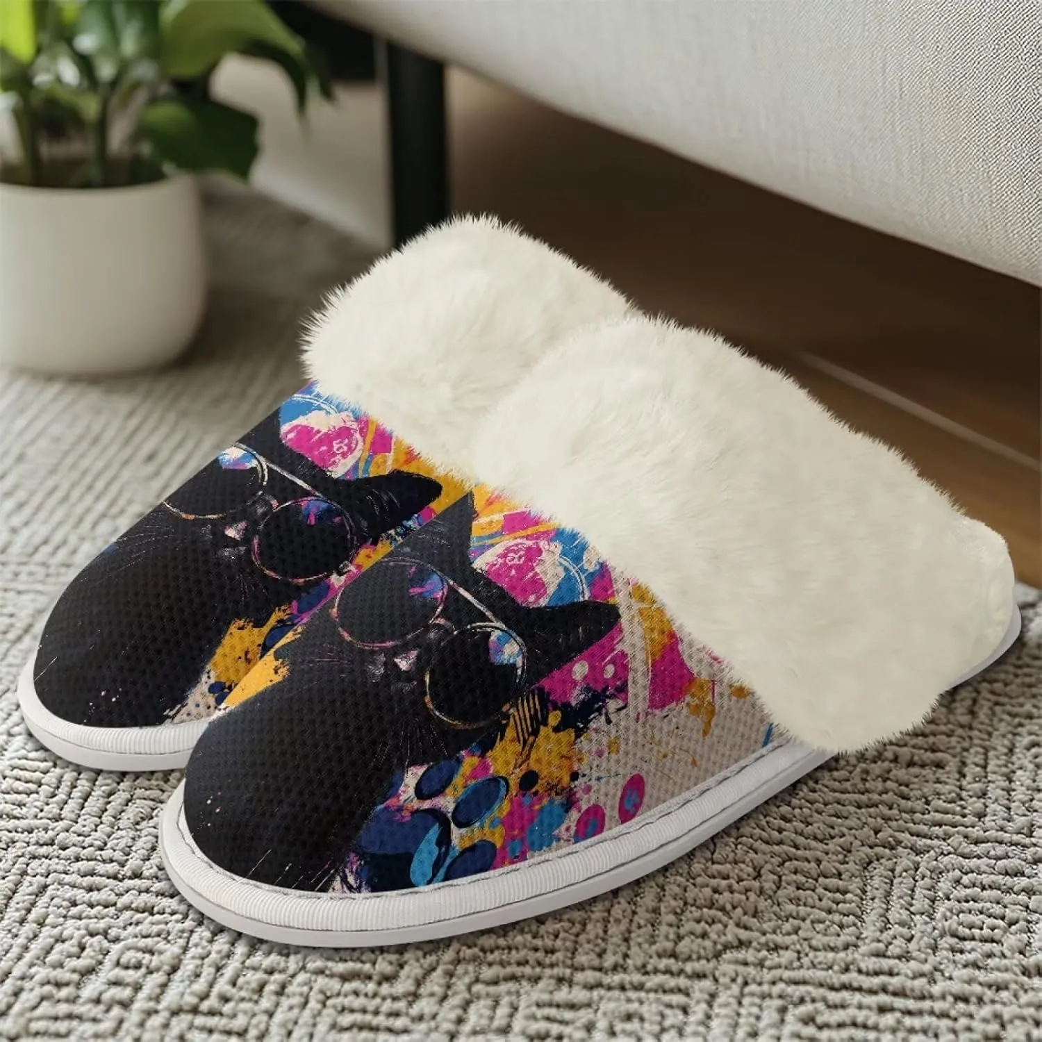 Howilath Dog Print Cotton Slippers with Fur Edges Warm House Shoes with Anti-Skid Sole Casual Novelty Fuzzy Slippers
