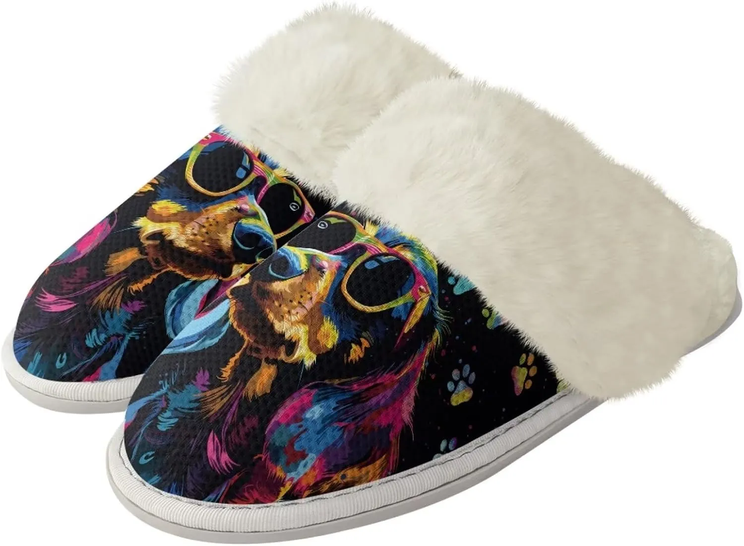 Howilath Dog Print Cotton Slippers with Fur Edges Warm House Shoes with Anti-Skid Sole Casual Novelty Fuzzy Slippers