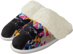 Howilath Dog Print Cotton Slippers with Fur Edges Warm House Shoes with Anti-Skid Sole Casual Novelty Fuzzy Slippers