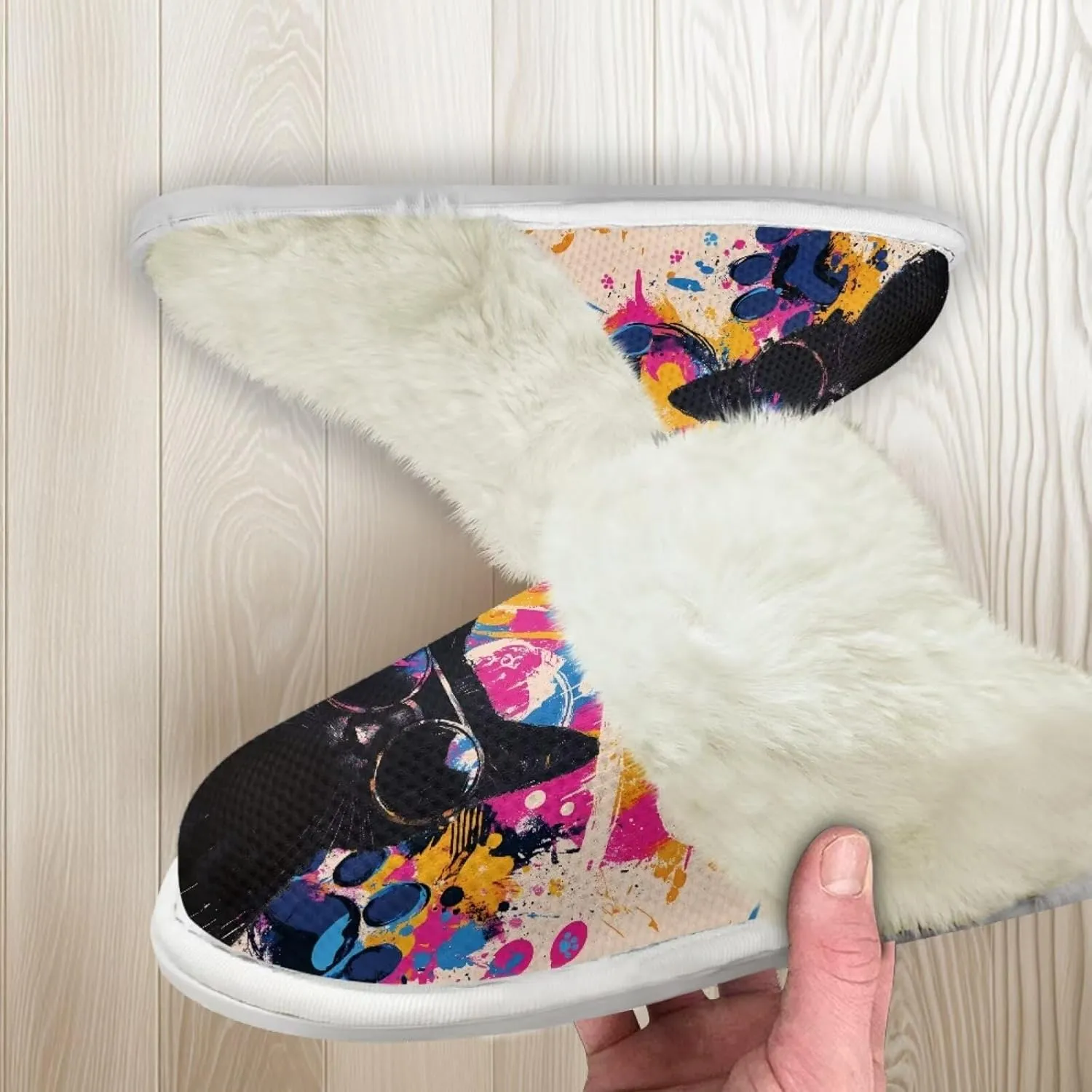 Howilath Dog Print Cotton Slippers with Fur Edges Warm House Shoes with Anti-Skid Sole Casual Novelty Fuzzy Slippers