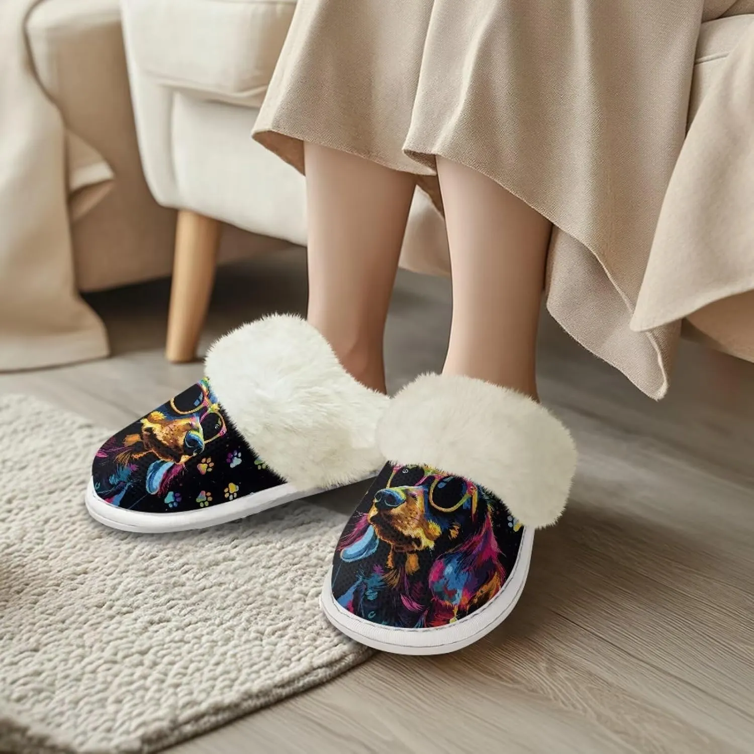 Howilath Dog Print Cotton Slippers with Fur Edges Warm House Shoes with Anti-Skid Sole Casual Novelty Fuzzy Slippers