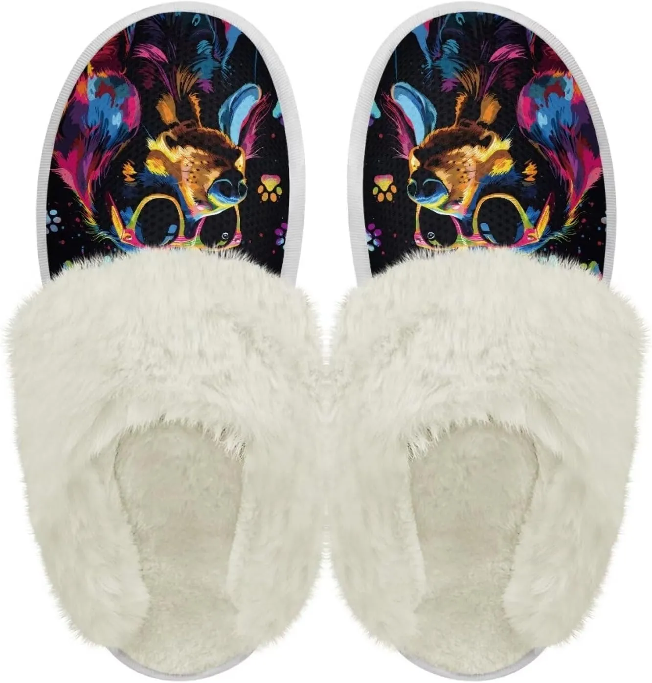 Howilath Dog Print Cotton Slippers with Fur Edges Warm House Shoes with Anti-Skid Sole Casual Novelty Fuzzy Slippers