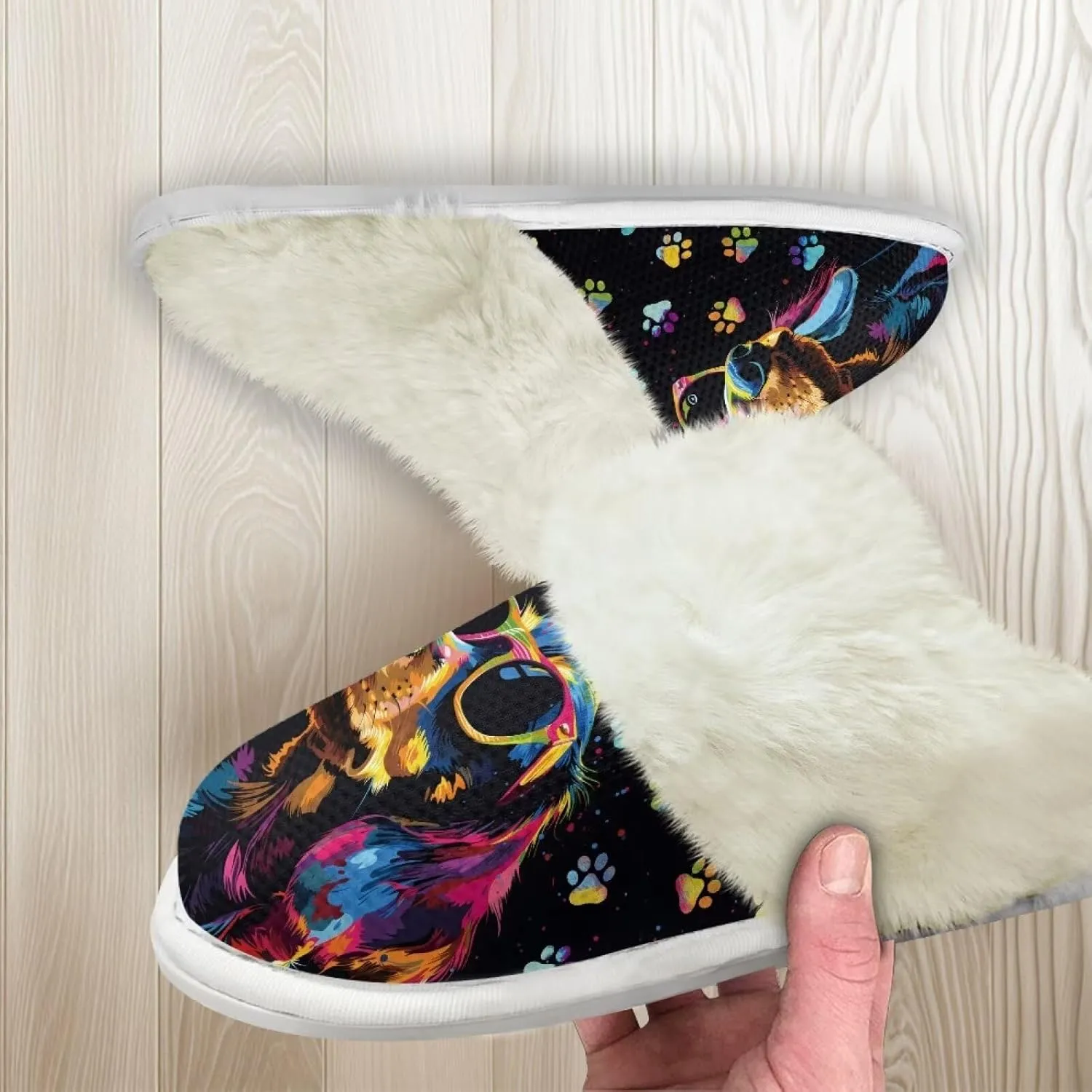Howilath Dog Print Cotton Slippers with Fur Edges Warm House Shoes with Anti-Skid Sole Casual Novelty Fuzzy Slippers