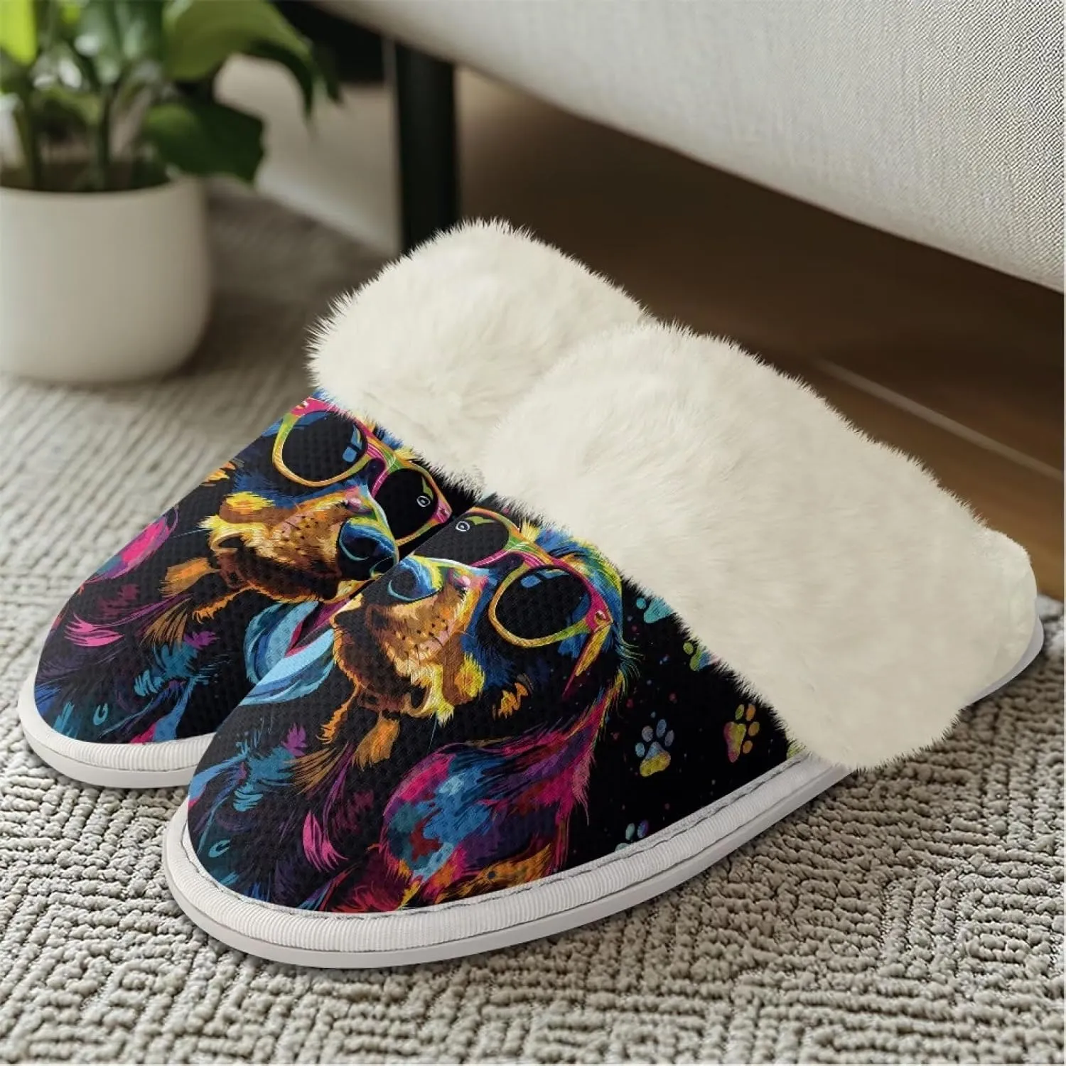 Howilath Dog Print Cotton Slippers with Fur Edges Warm House Shoes with Anti-Skid Sole Casual Novelty Fuzzy Slippers