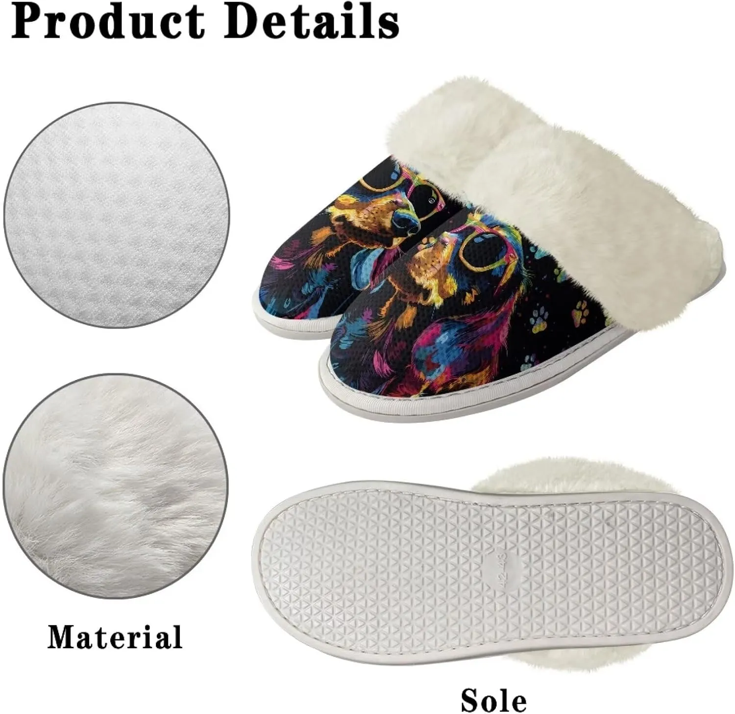 Howilath Dog Print Cotton Slippers with Fur Edges Warm House Shoes with Anti-Skid Sole Casual Novelty Fuzzy Slippers