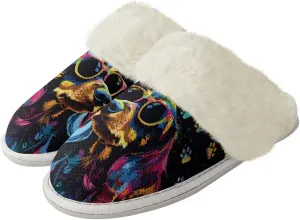 Howilath Dog Print Cotton Slippers with Fur Edges Warm House Shoes with Anti-Skid Sole Casual Novelty Fuzzy Slippers
