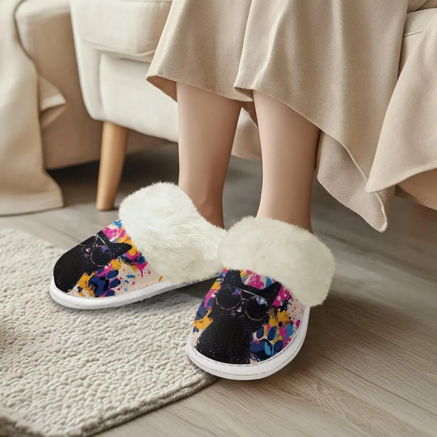 Howilath Dog Print Cotton Slippers with Fur Edges Warm House Shoes with Anti-Skid Sole Casual Novelty Fuzzy Slippers