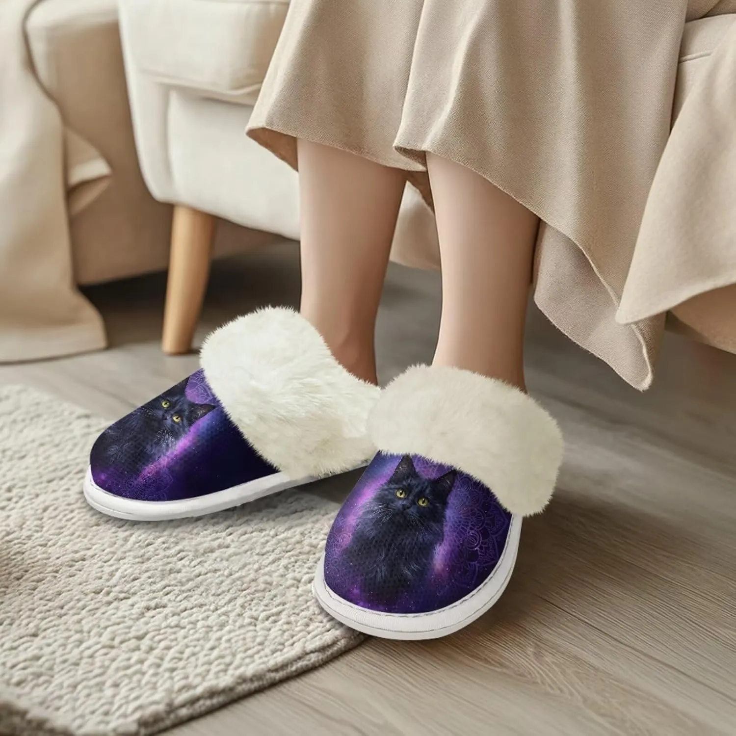 Howilath Dog Print Cotton Slippers with Fur Edges Warm House Shoes with Anti-Skid Sole Casual Novelty Fuzzy Slippers