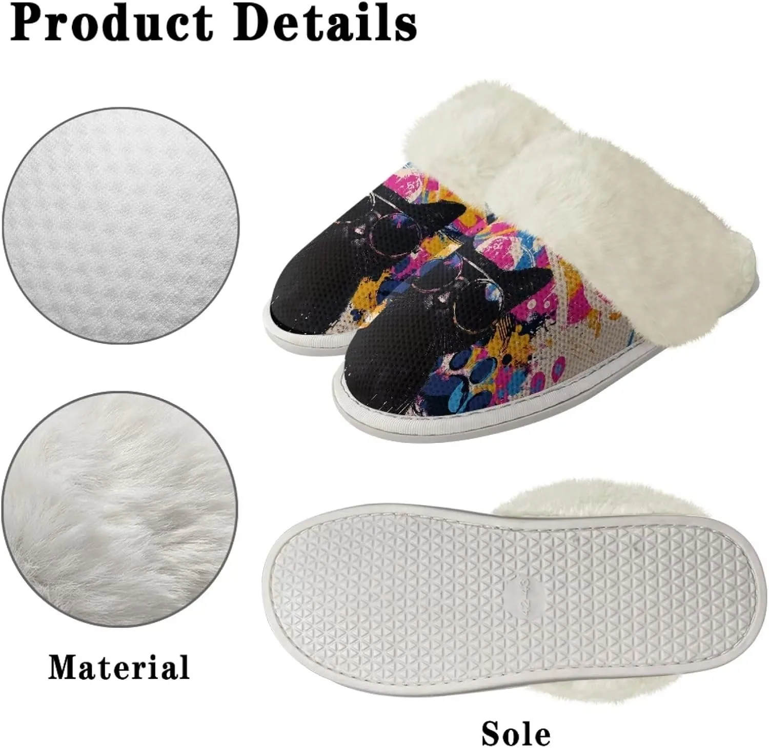 Howilath Dog Print Cotton Slippers with Fur Edges Warm House Shoes with Anti-Skid Sole Casual Novelty Fuzzy Slippers