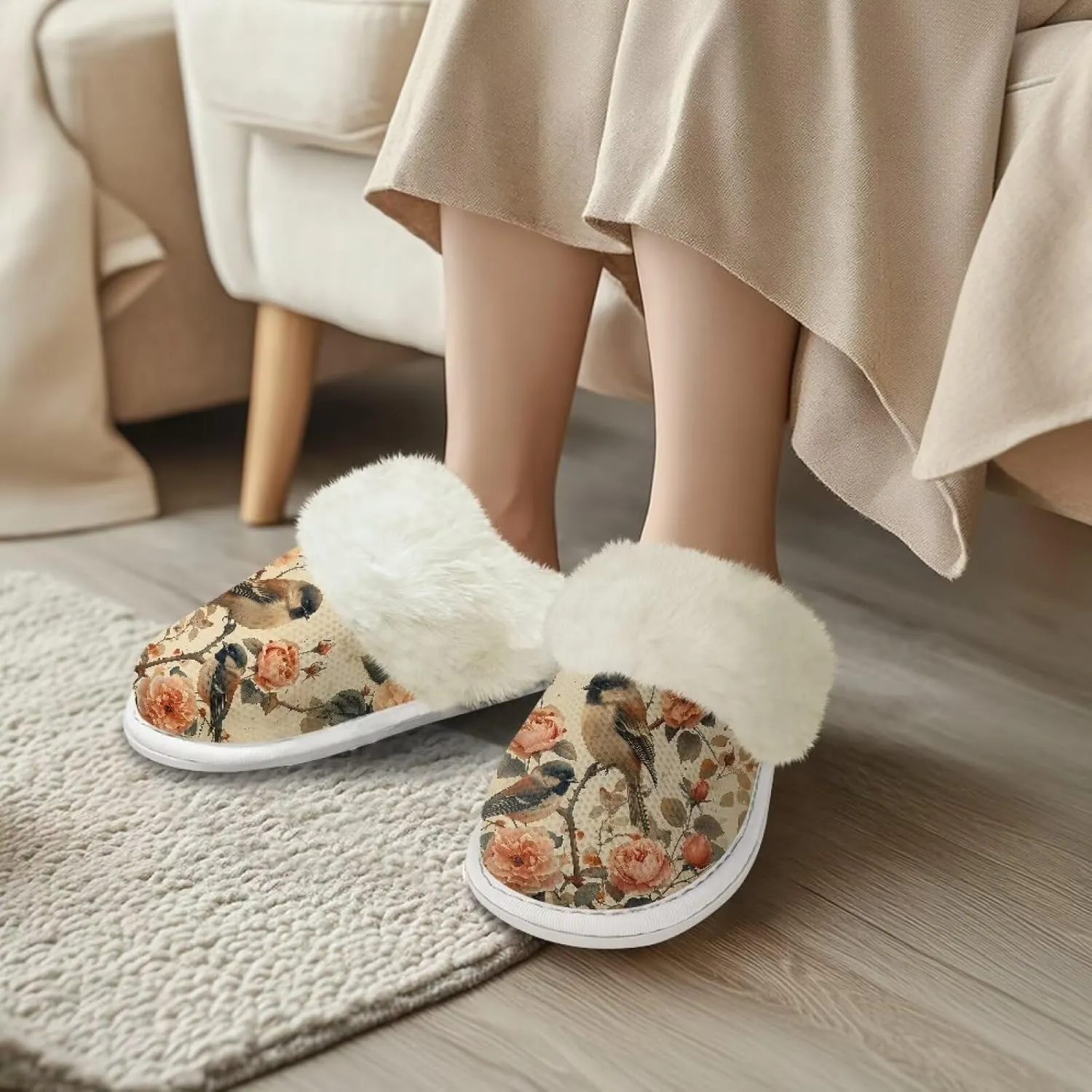 Howilath Small Bird Cotton House Shoes for Women Fluffy Slippers Warm Bedroom Shoes with Anti-Skid Sole