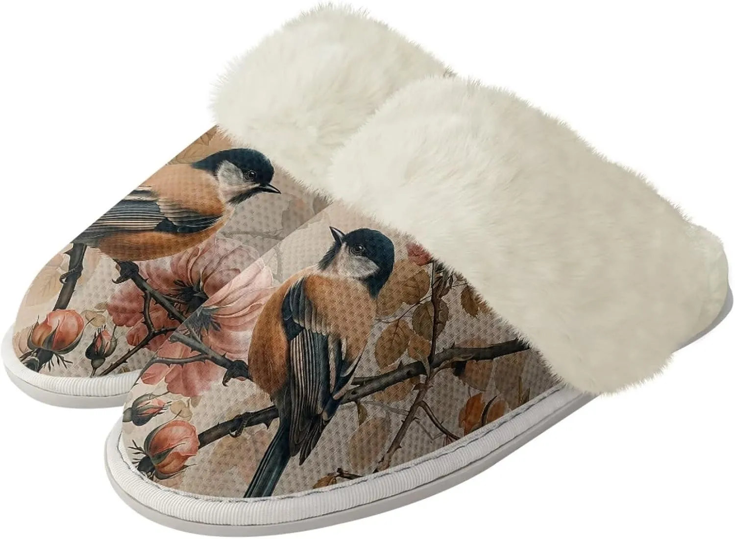 Howilath Small Bird Cotton House Shoes for Women Fluffy Slippers Warm Bedroom Shoes with Anti-Skid Sole