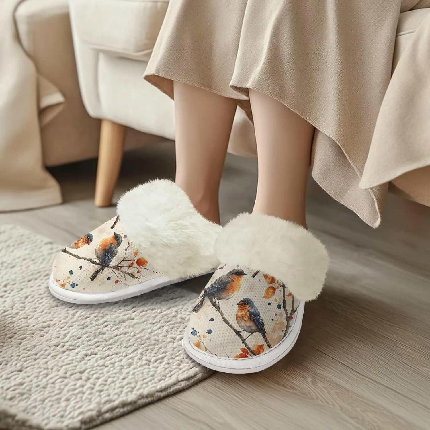 Howilath Small Bird Cotton House Shoes for Women Fluffy Slippers Warm Bedroom Shoes with Anti-Skid Sole