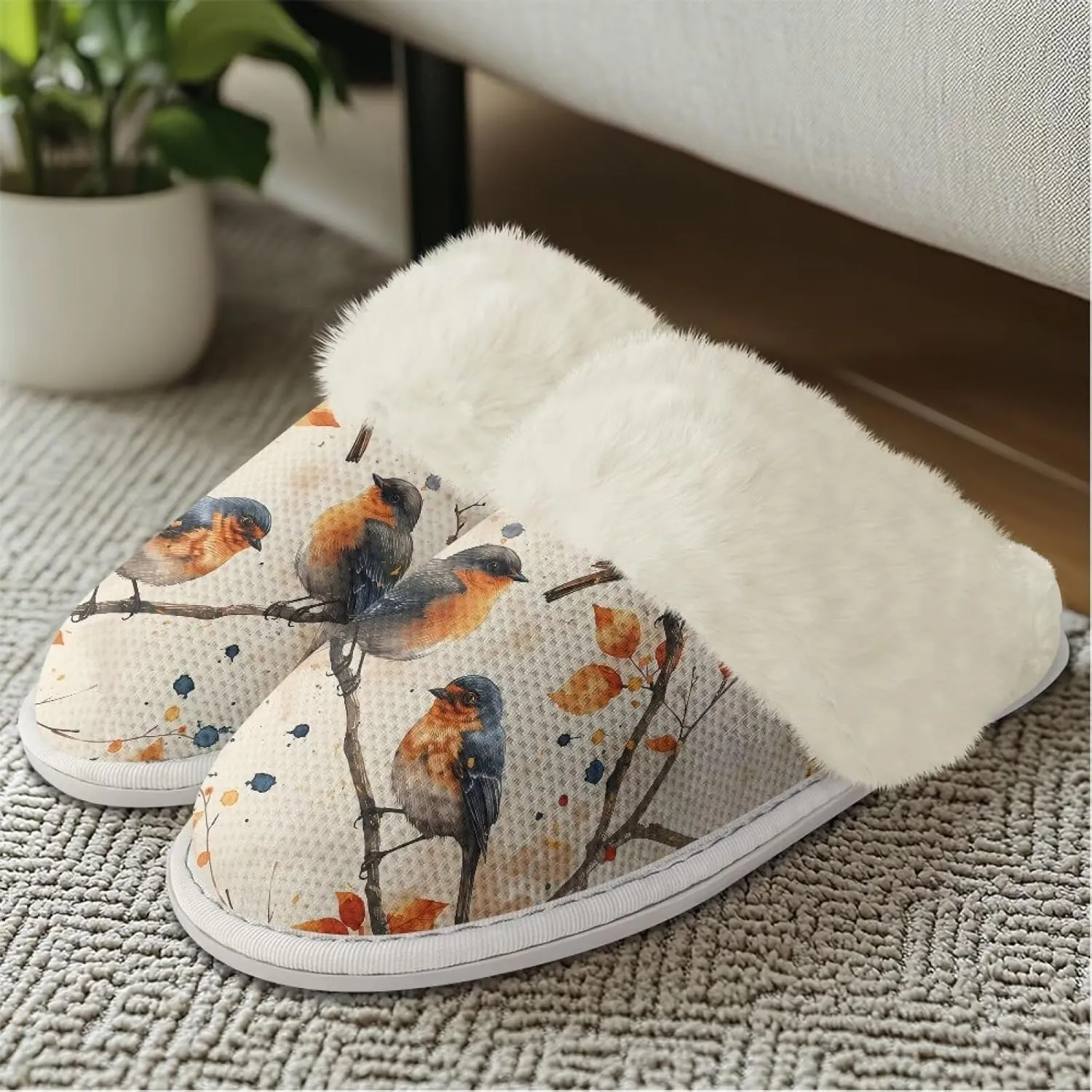 Howilath Small Bird Cotton House Shoes for Women Fluffy Slippers Warm Bedroom Shoes with Anti-Skid Sole