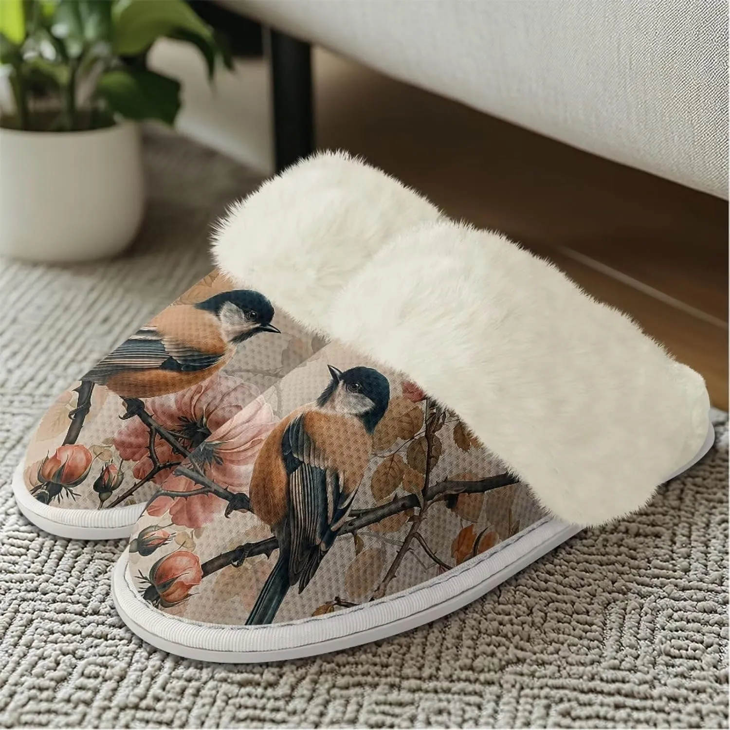 Howilath Small Bird Cotton House Shoes for Women Fluffy Slippers Warm Bedroom Shoes with Anti-Skid Sole