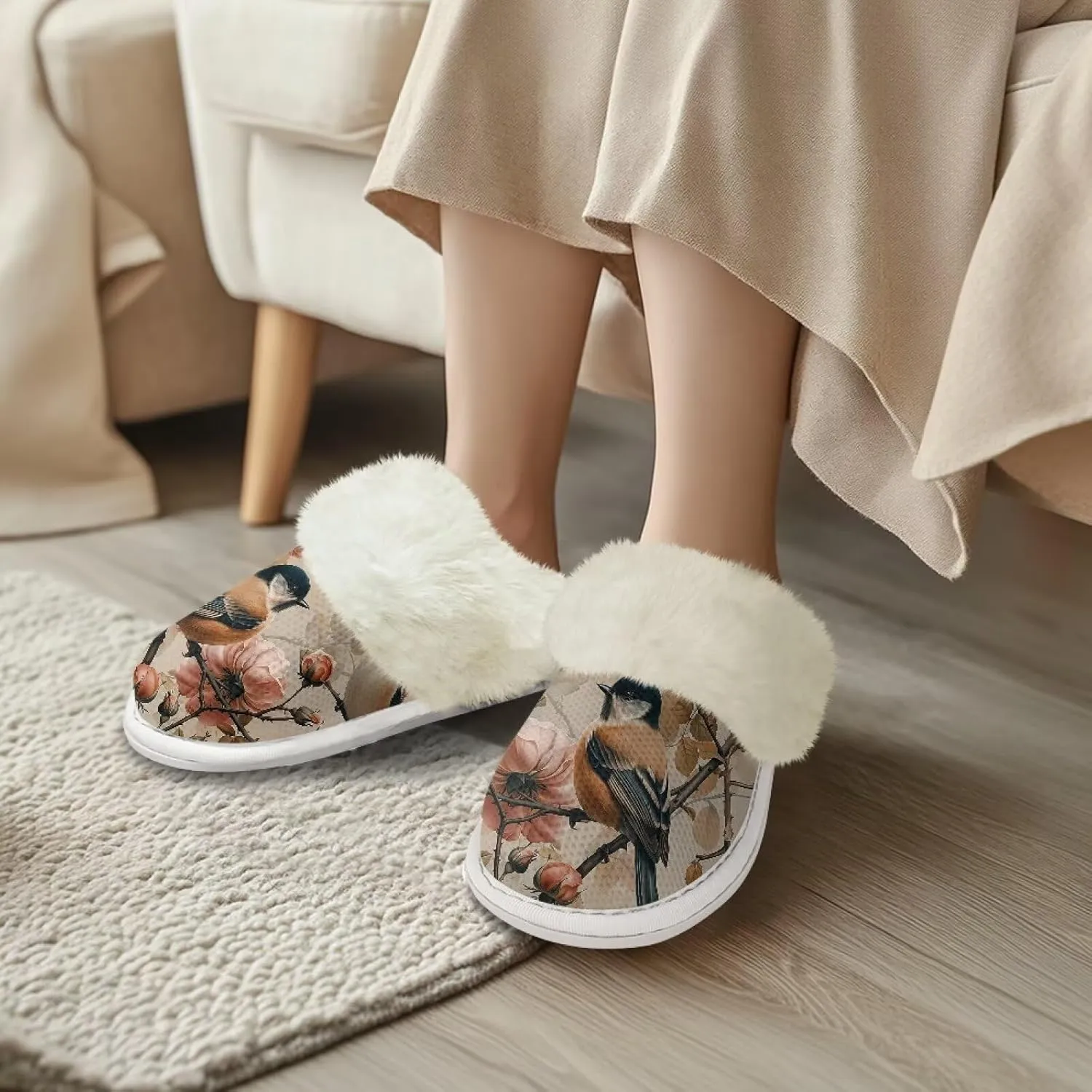 Howilath Small Bird Cotton House Shoes for Women Fluffy Slippers Warm Bedroom Shoes with Anti-Skid Sole