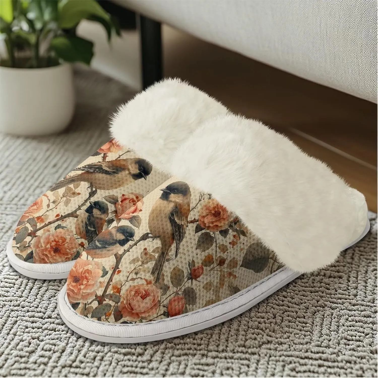 Howilath Small Bird Cotton House Shoes for Women Fluffy Slippers Warm Bedroom Shoes with Anti-Skid Sole