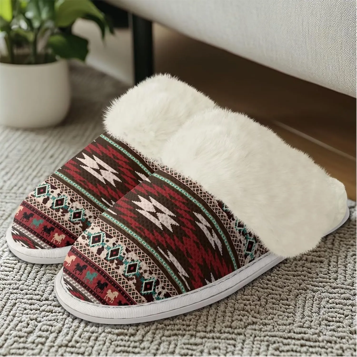 Howilath Western Aztec Fuzzy Slippers Women Warm House Shoes with Anti-Skid Sole Plush Slippers