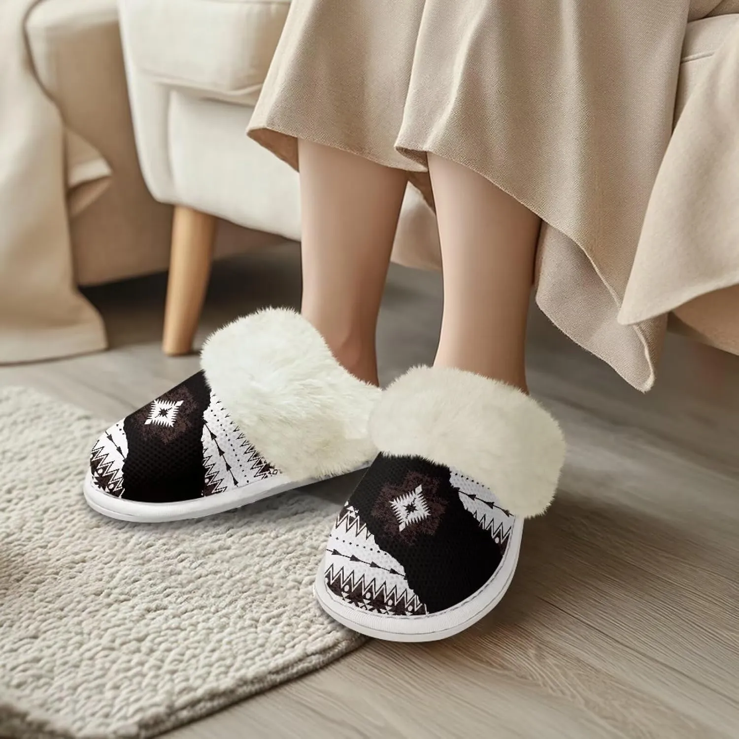 Howilath Western Aztec Fuzzy Slippers Women Warm House Shoes with Anti-Skid Sole Plush Slippers