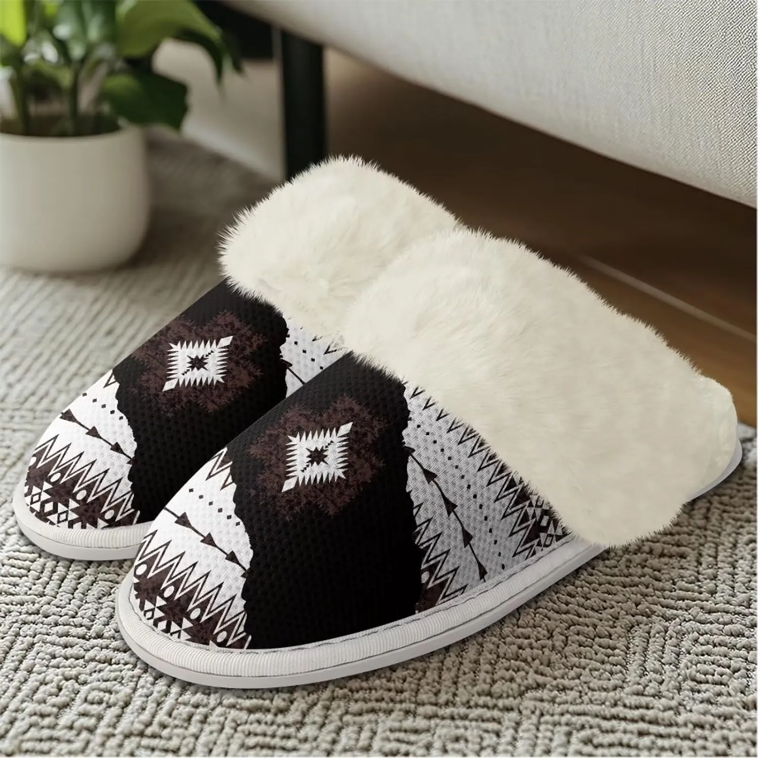 Howilath Western Aztec Fuzzy Slippers Women Warm House Shoes with Anti-Skid Sole Plush Slippers