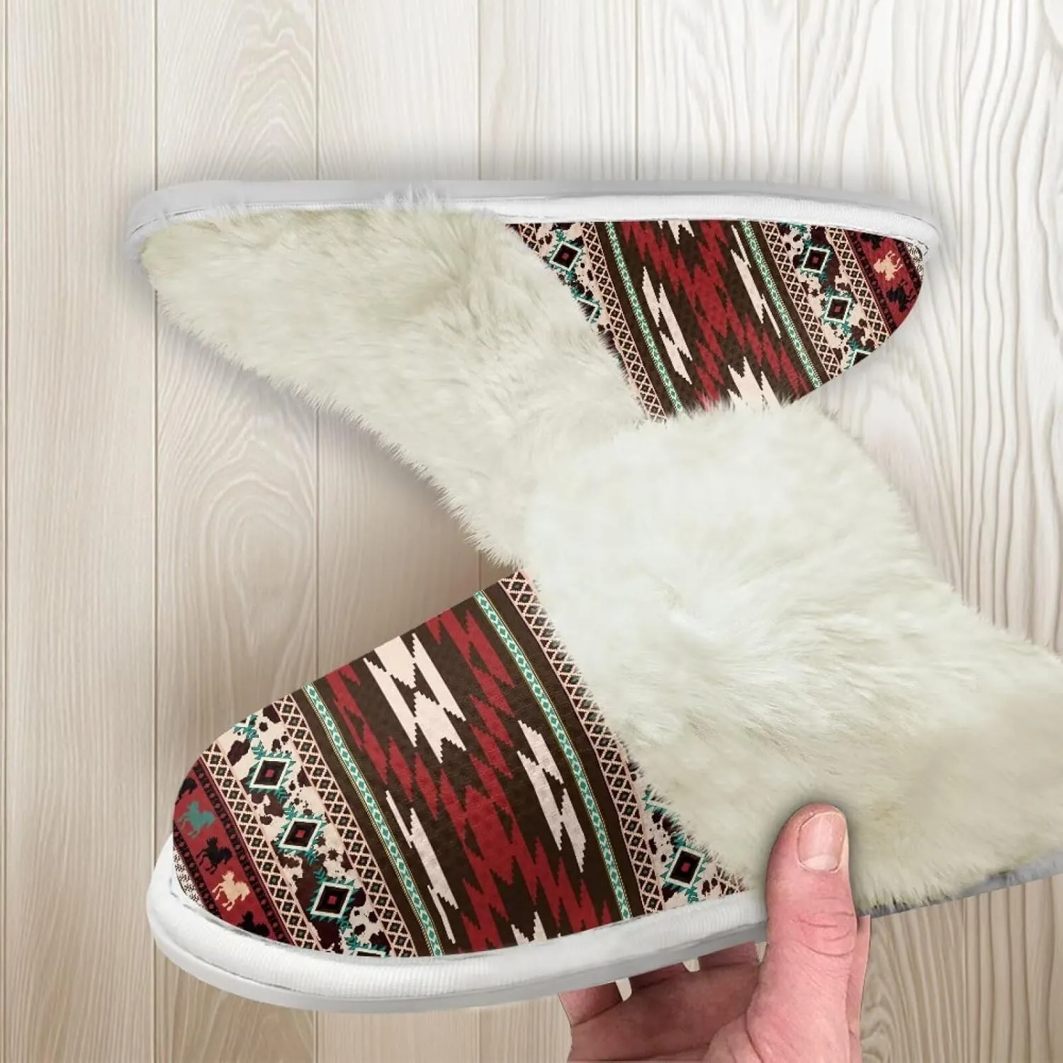 Howilath Western Aztec Fuzzy Slippers Women Warm House Shoes with Anti-Skid Sole Plush Slippers