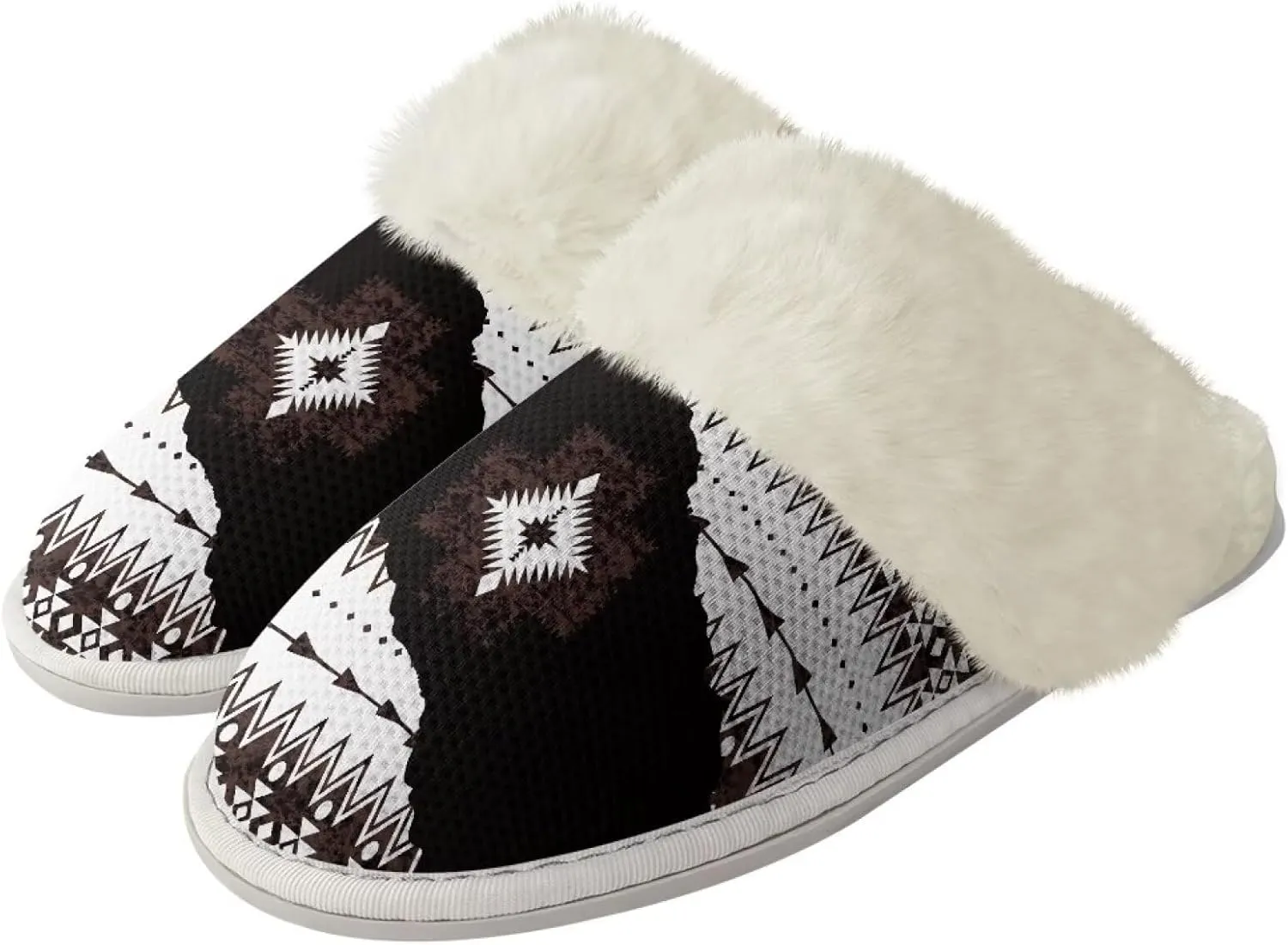 Howilath Western Aztec Fuzzy Slippers Women Warm House Shoes with Anti-Skid Sole Plush Slippers