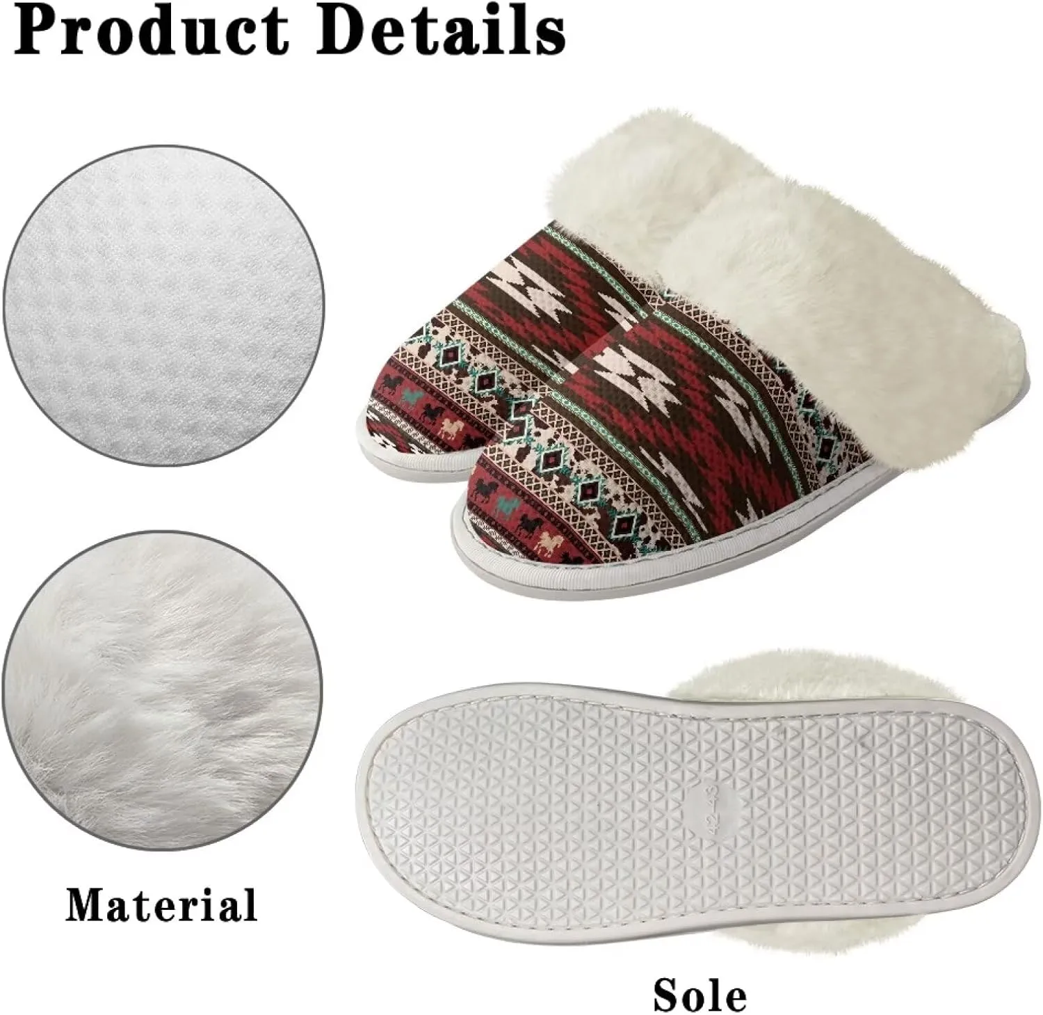 Howilath Western Aztec Fuzzy Slippers Women Warm House Shoes with Anti-Skid Sole Plush Slippers