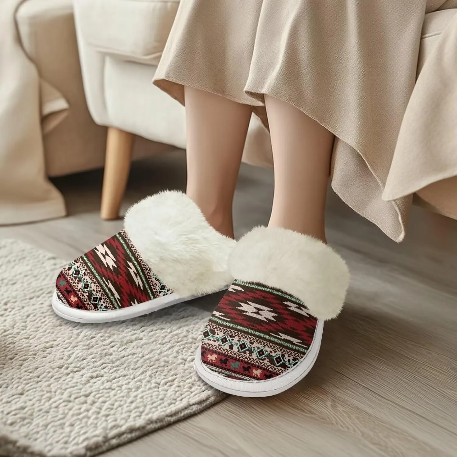 Howilath Western Aztec Fuzzy Slippers Women Warm House Shoes with Anti-Skid Sole Plush Slippers