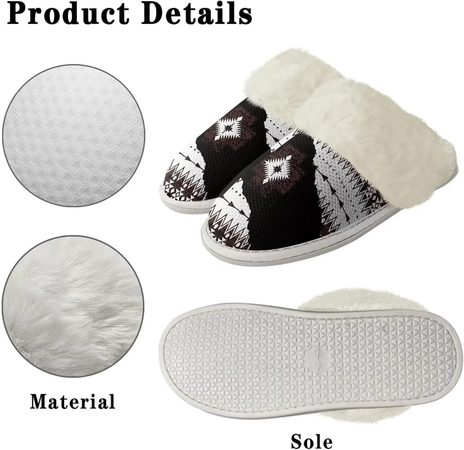 Howilath Western Aztec Fuzzy Slippers Women Warm House Shoes with Anti-Skid Sole Plush Slippers